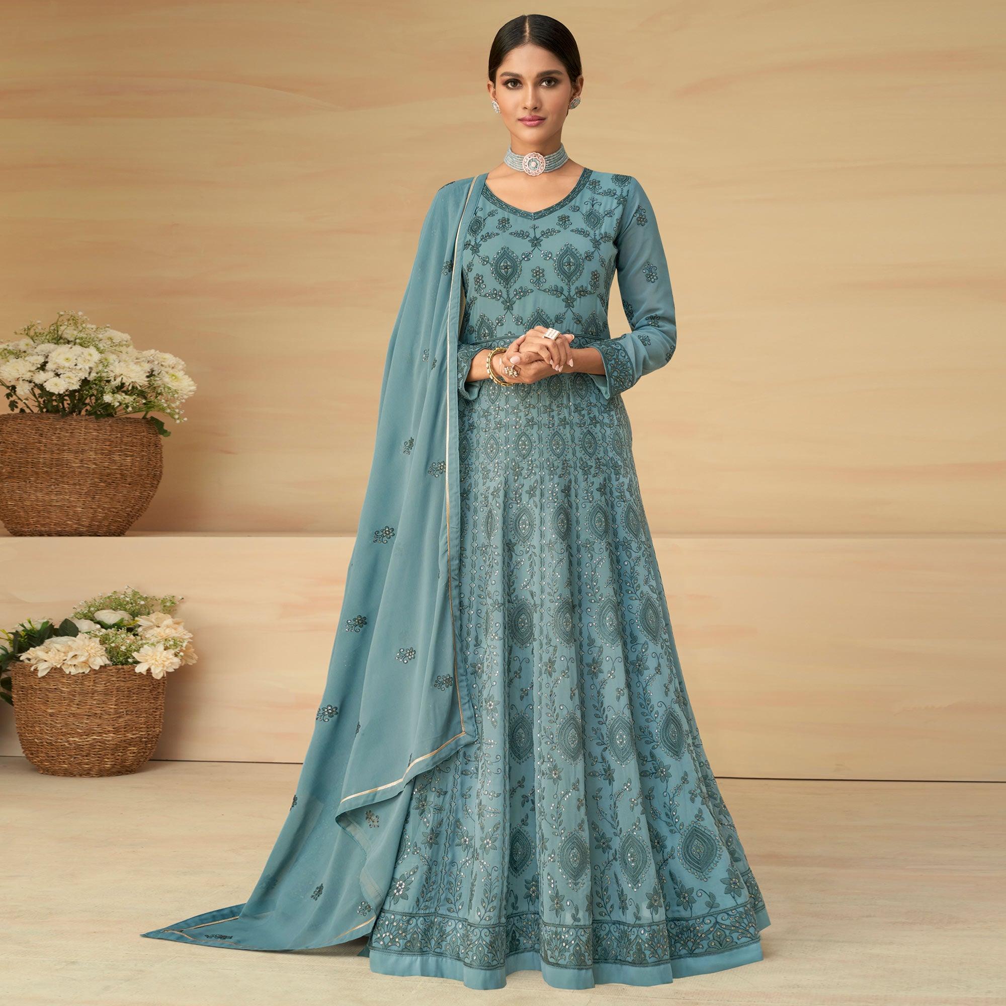 Blue Embroidery With Embellished Work Georgette Partywear Gown - Peachmode