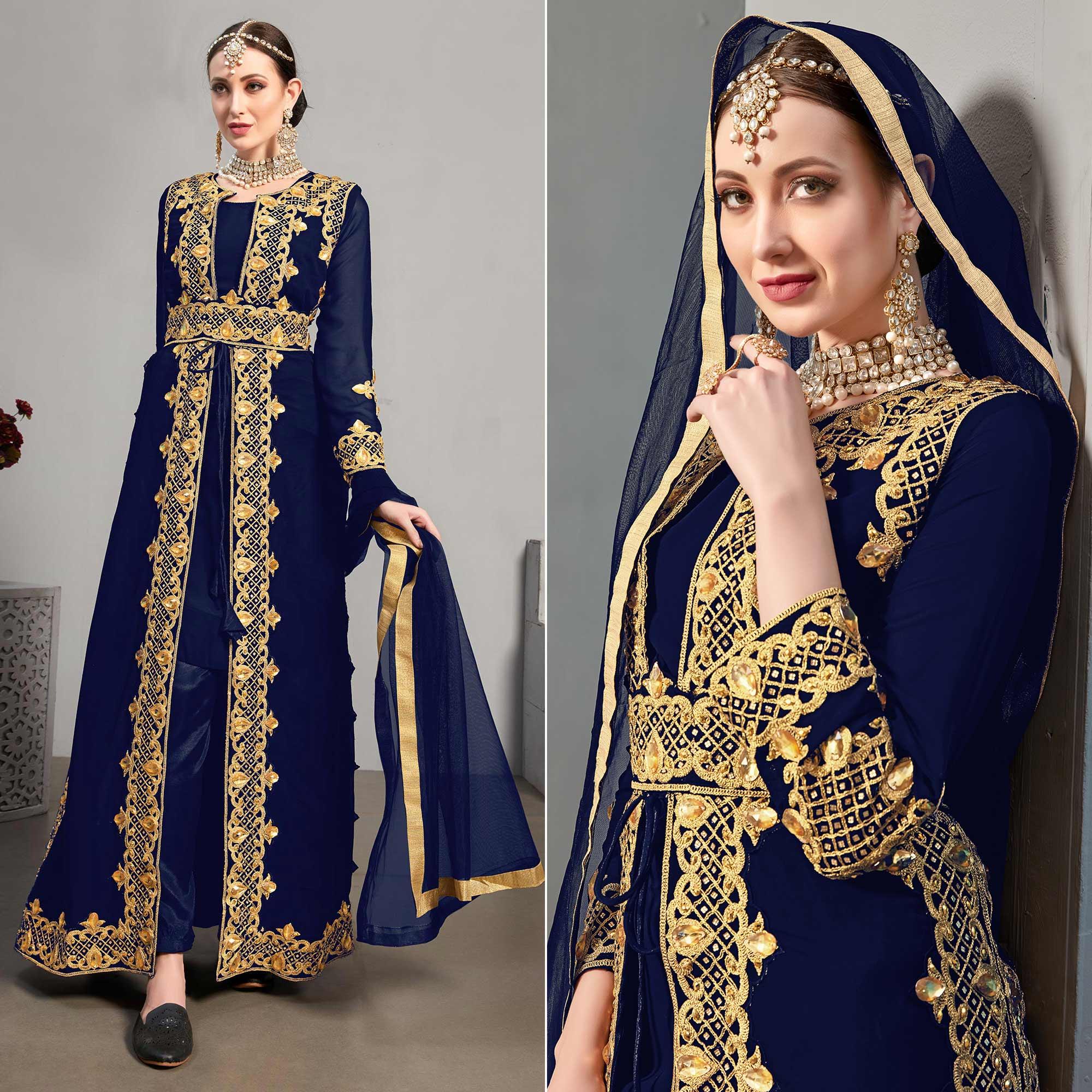Blue Embroidery With Heavy Stonework Georgette Partywear Suit With Jacket - Peachmode