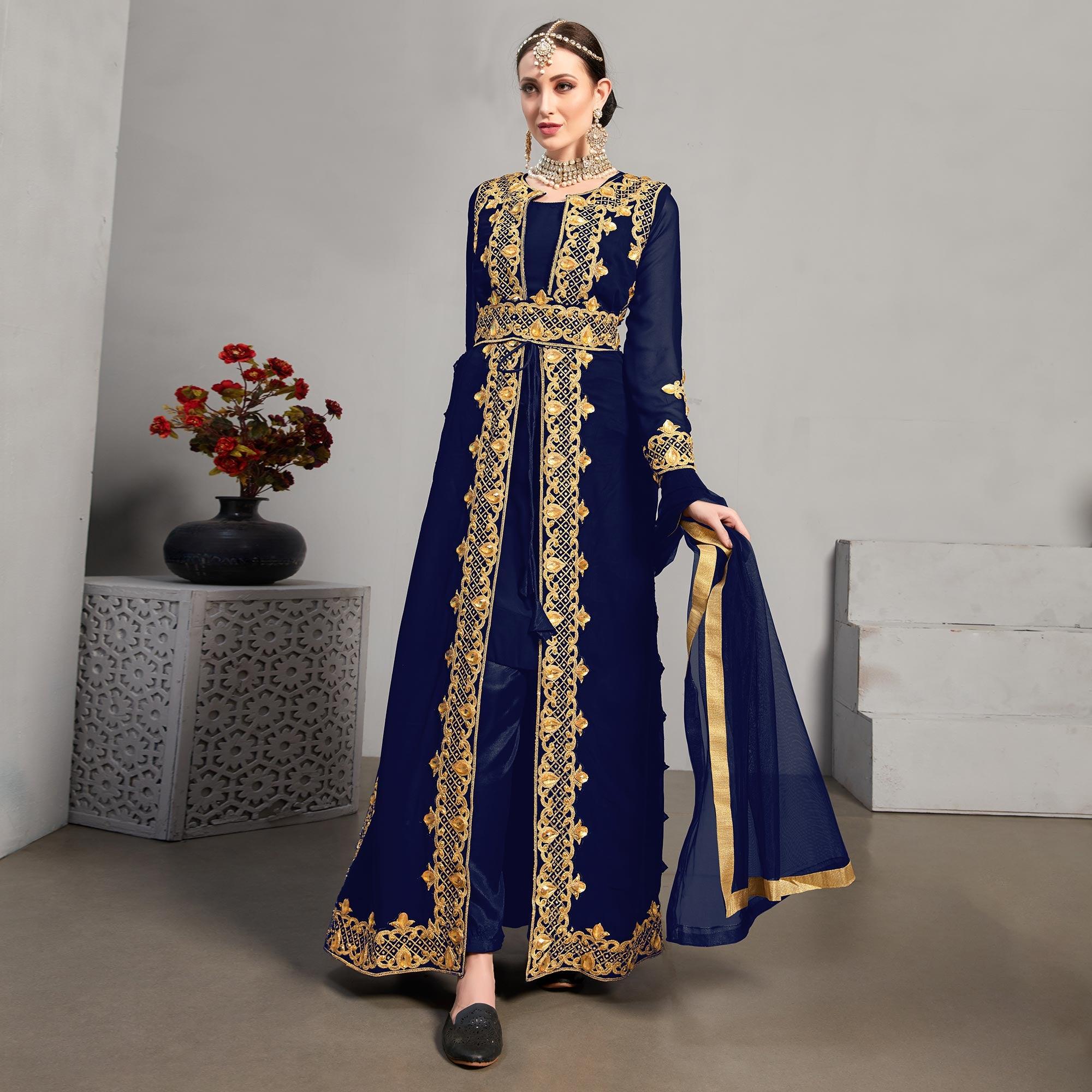 Blue Embroidery With Heavy Stonework Georgette Partywear Suit With Jacket - Peachmode