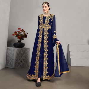 Blue Embroidery With Heavy Stonework Georgette Partywear Suit With Jacket - Peachmode