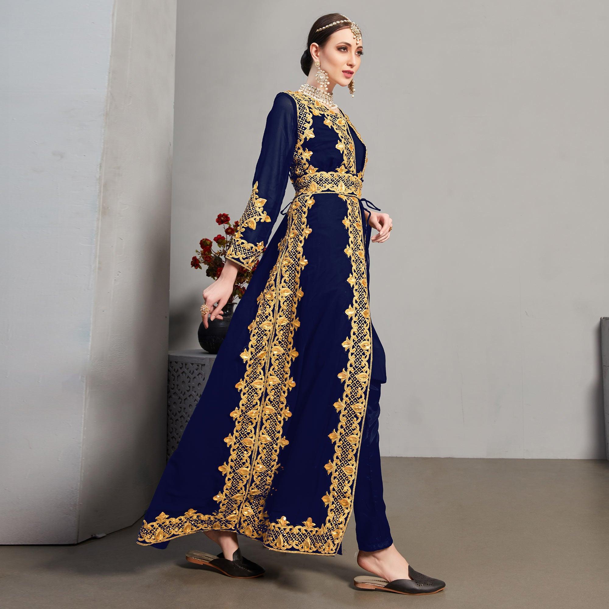Blue Embroidery With Heavy Stonework Georgette Partywear Suit With Jacket - Peachmode