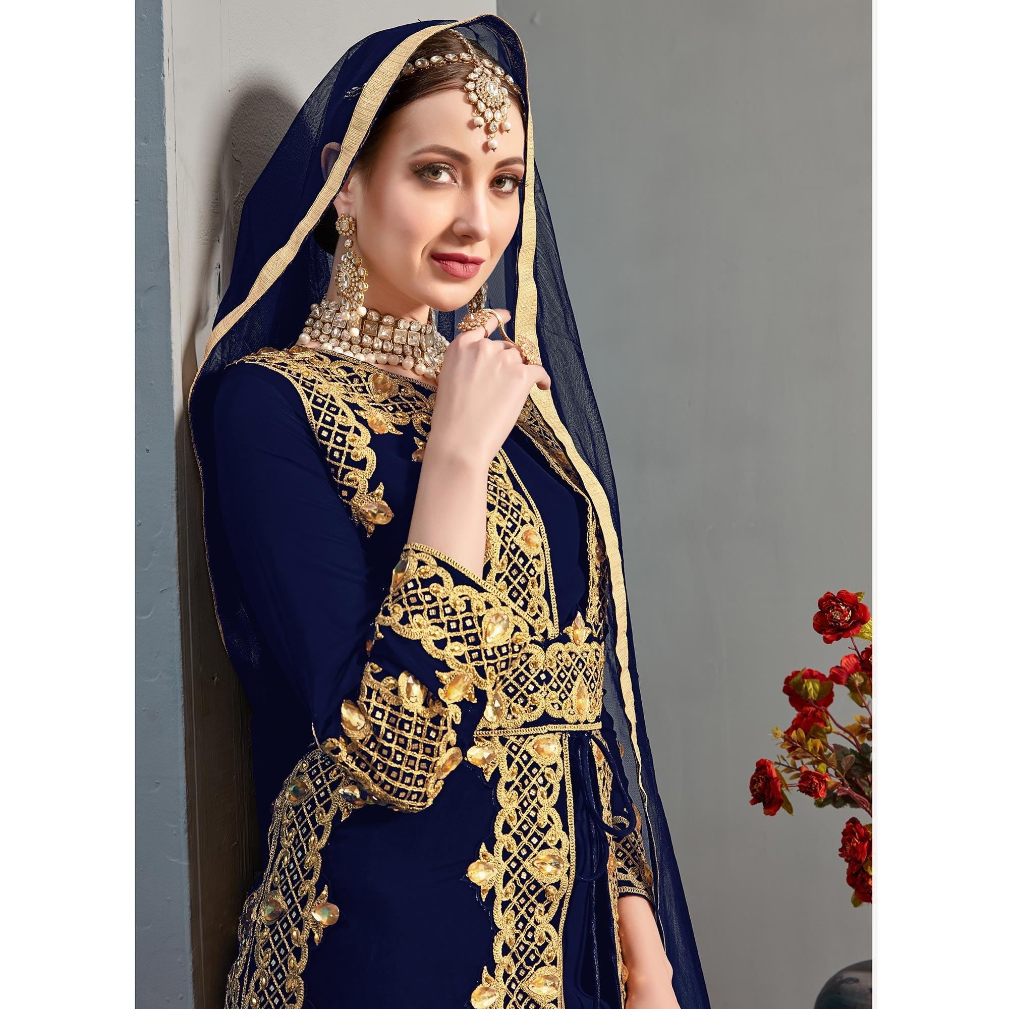 Blue Embroidery With Heavy Stonework Georgette Partywear Suit With Jacket - Peachmode