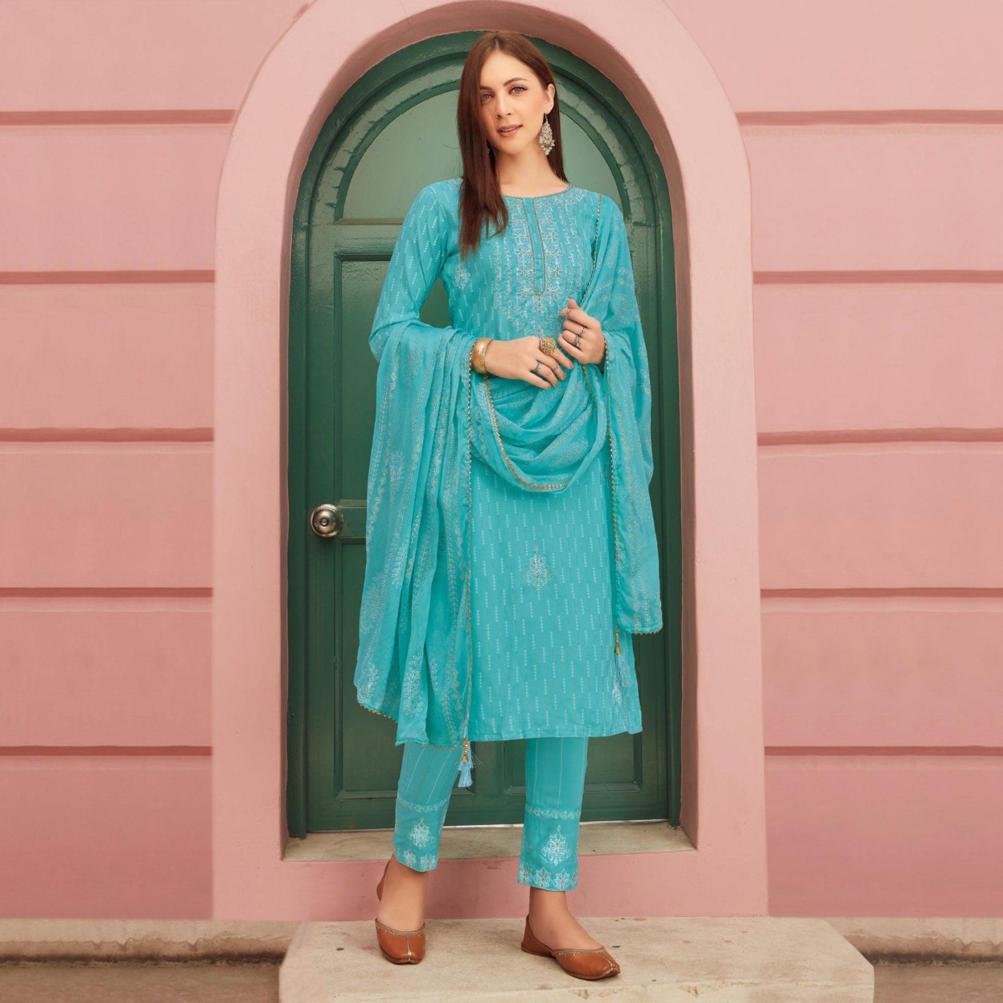 Blue Embroidery With Printed Pure Cotton Kurti Pant Set With Dupatta - Peachmode
