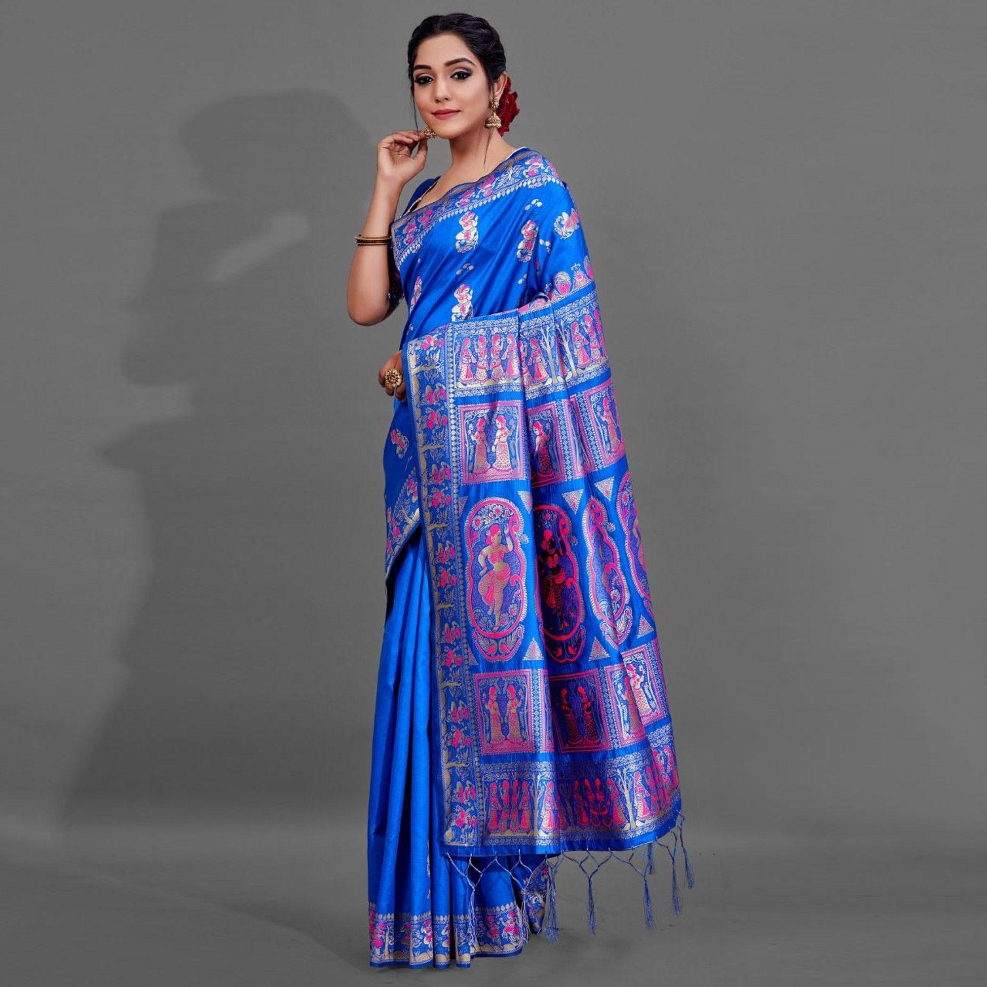 Blue Festive Art Silk Saree With Unstitched Blouse - Peachmode