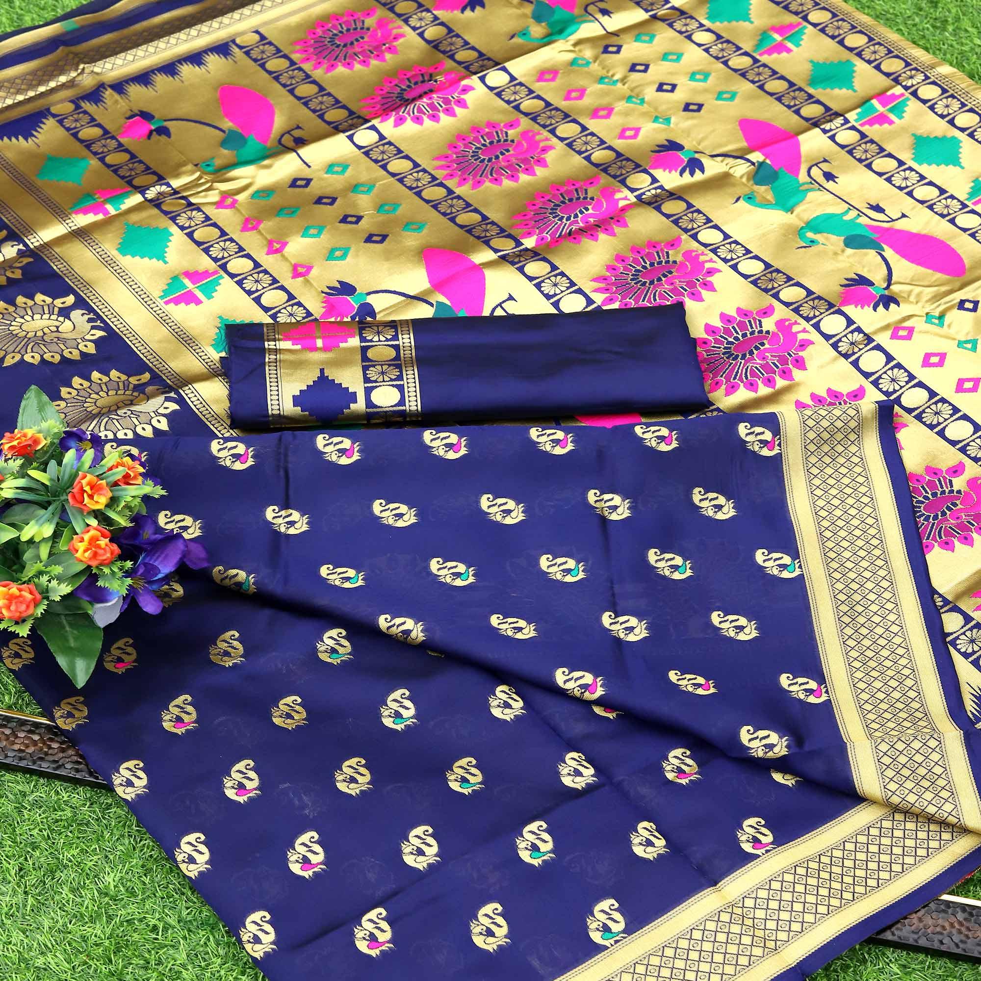 Blue Festive Embroidered Banarasi Art Silk Saree - Peachmode