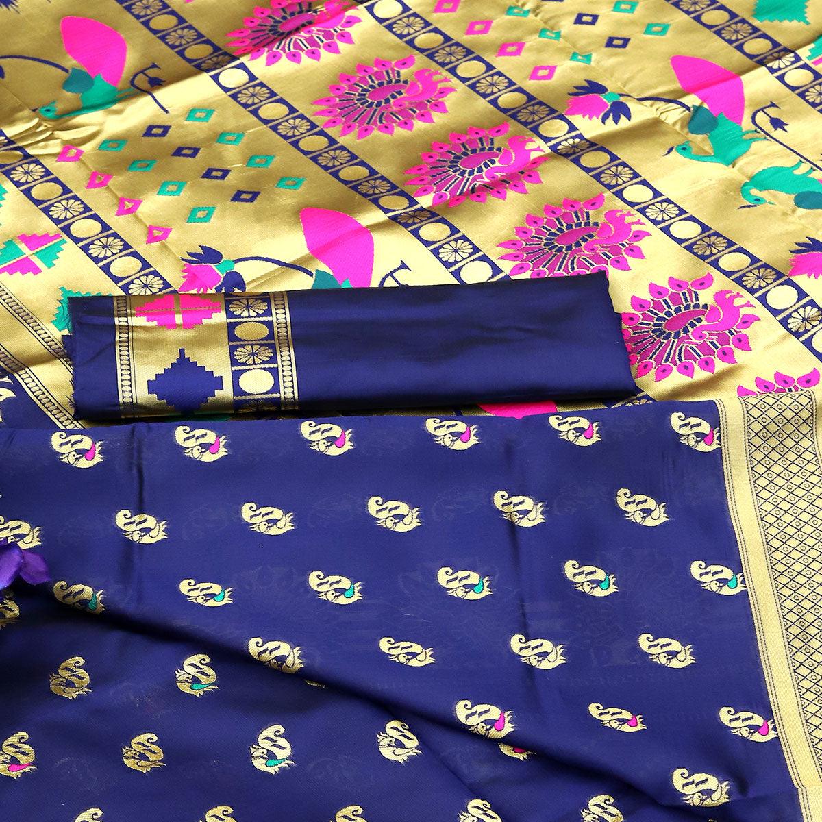 Blue Festive Embroidered Banarasi Art Silk Saree - Peachmode