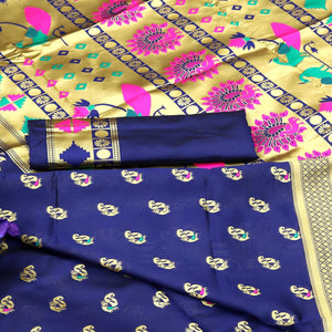 Blue Festive Embroidered Banarasi Art Silk Saree - Peachmode