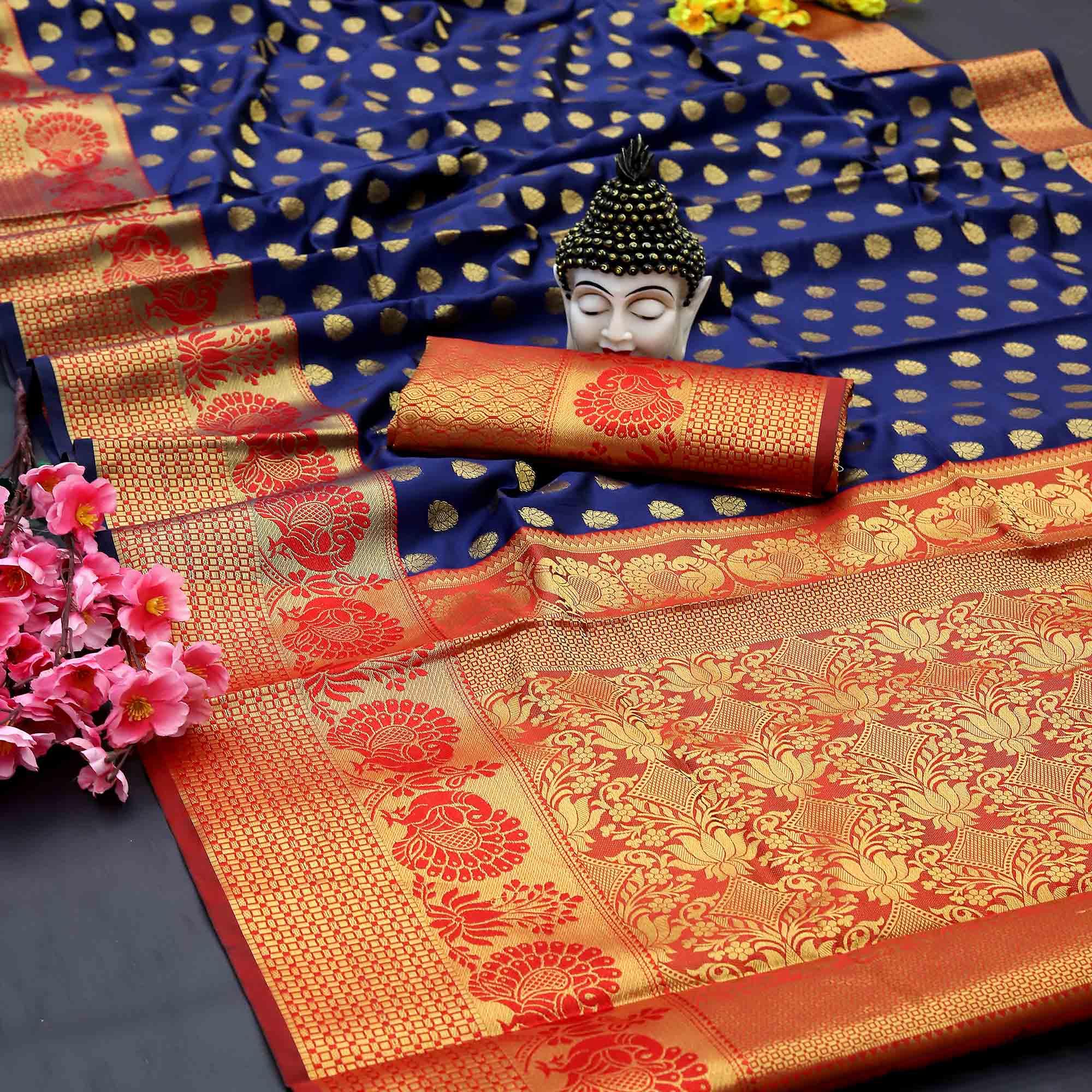 Blue Festive Embroidered Kota Banarasi Art Silk Saree - Peachmode
