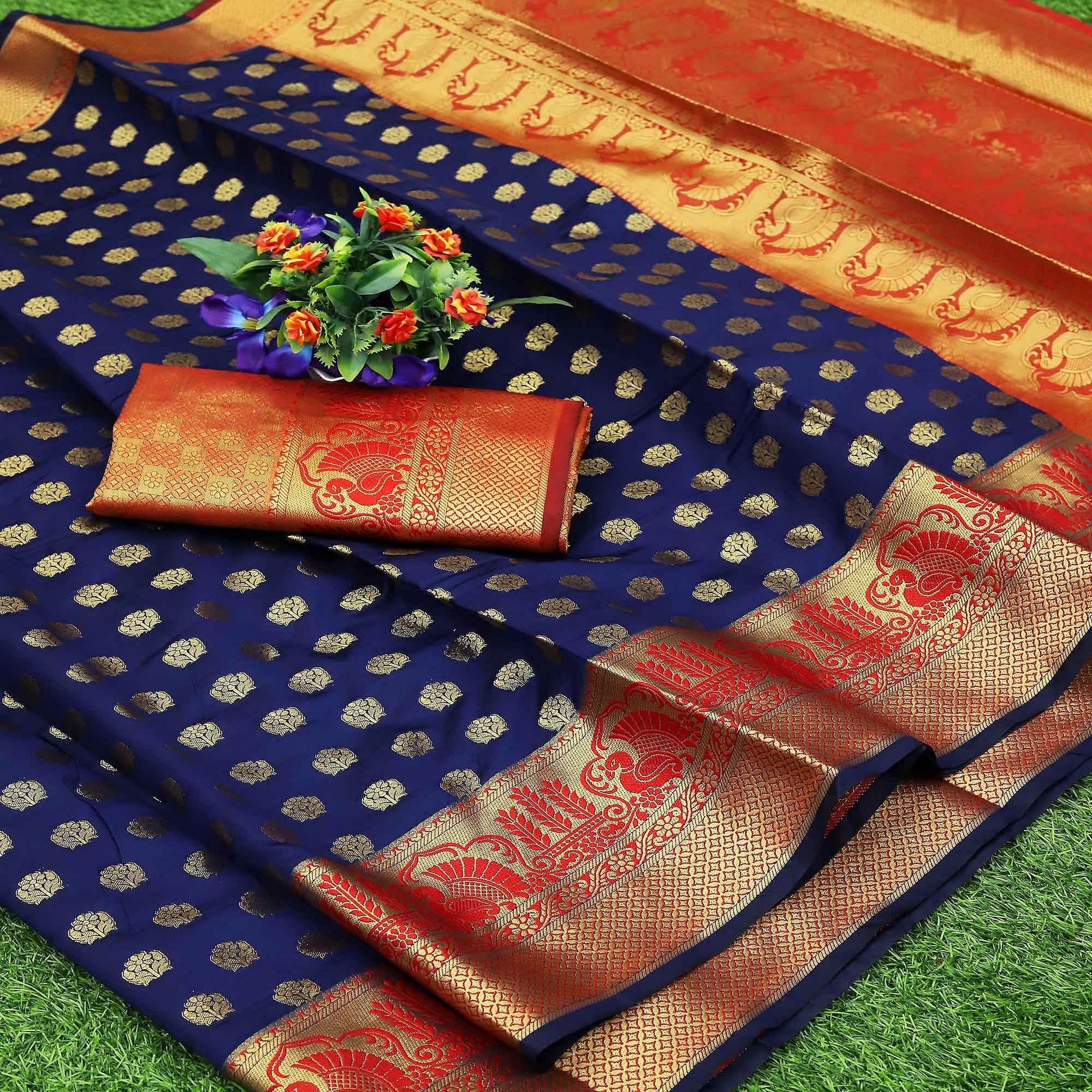 Blue Festive Embroidered Kota Banarasi Art Silk Saree - Peachmode