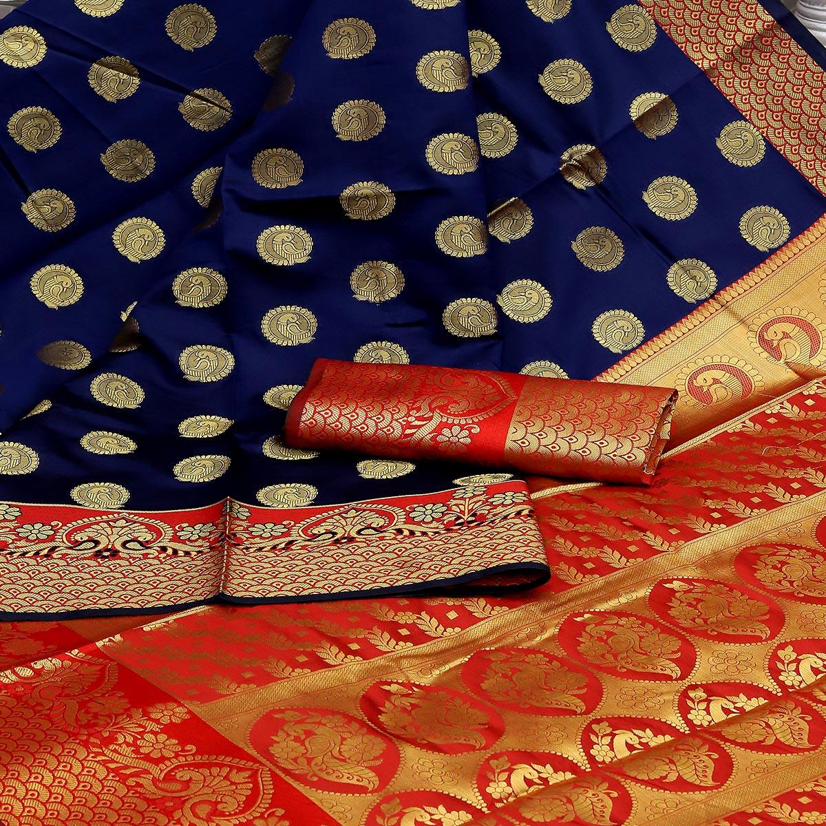 Blue Festive Embroidered Kota Banarasi Art Silk Saree - Peachmode