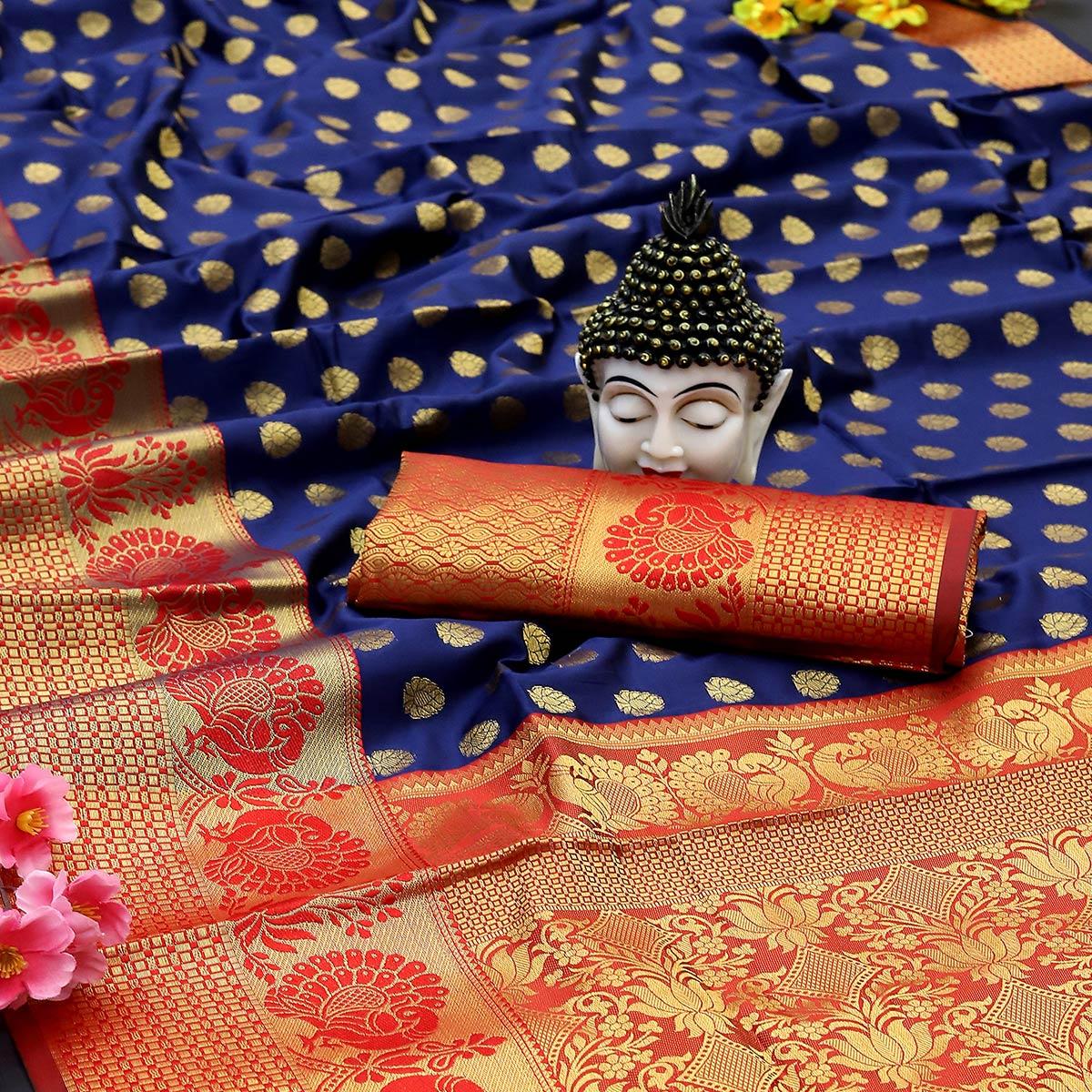 Blue Festive Embroidered Kota Banarasi Art Silk Saree - Peachmode