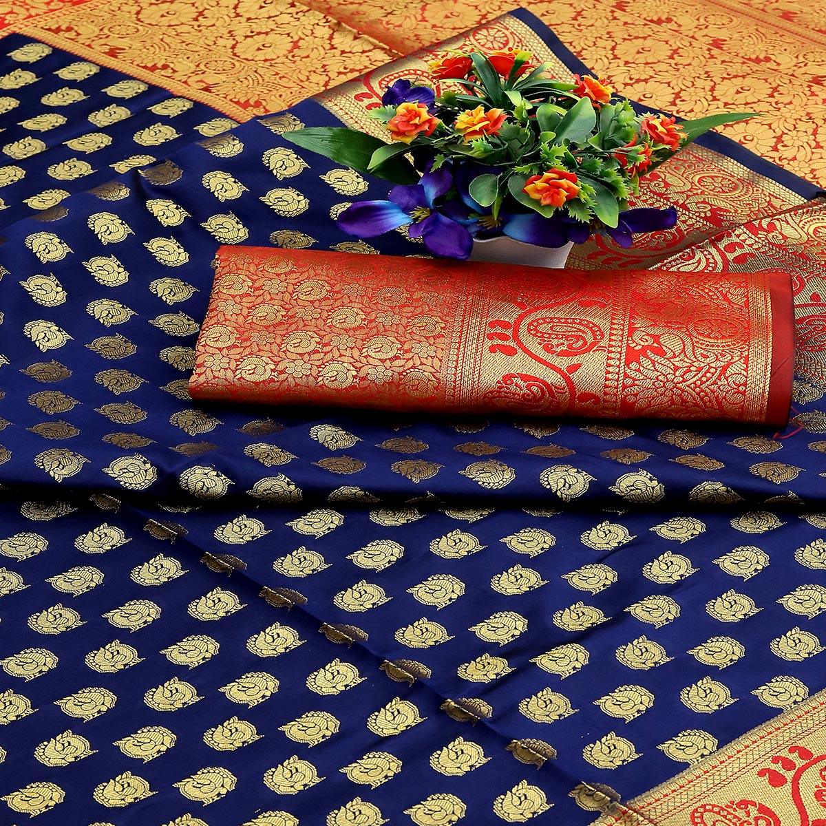 Blue Festive Embroidered Kota Banarasi Art Silk Saree - Peachmode