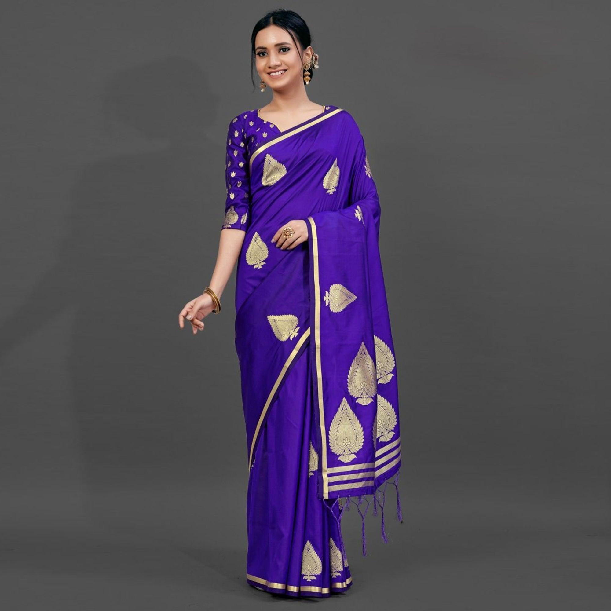 Blue Festive Silk Blend Woven Saree With Unstitched Blouse - Peachmode
