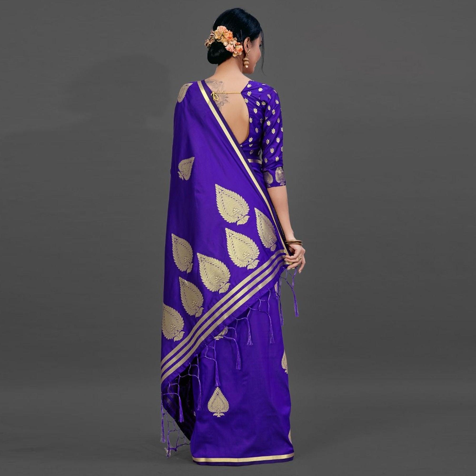 Blue Festive Silk Blend Woven Saree With Unstitched Blouse - Peachmode