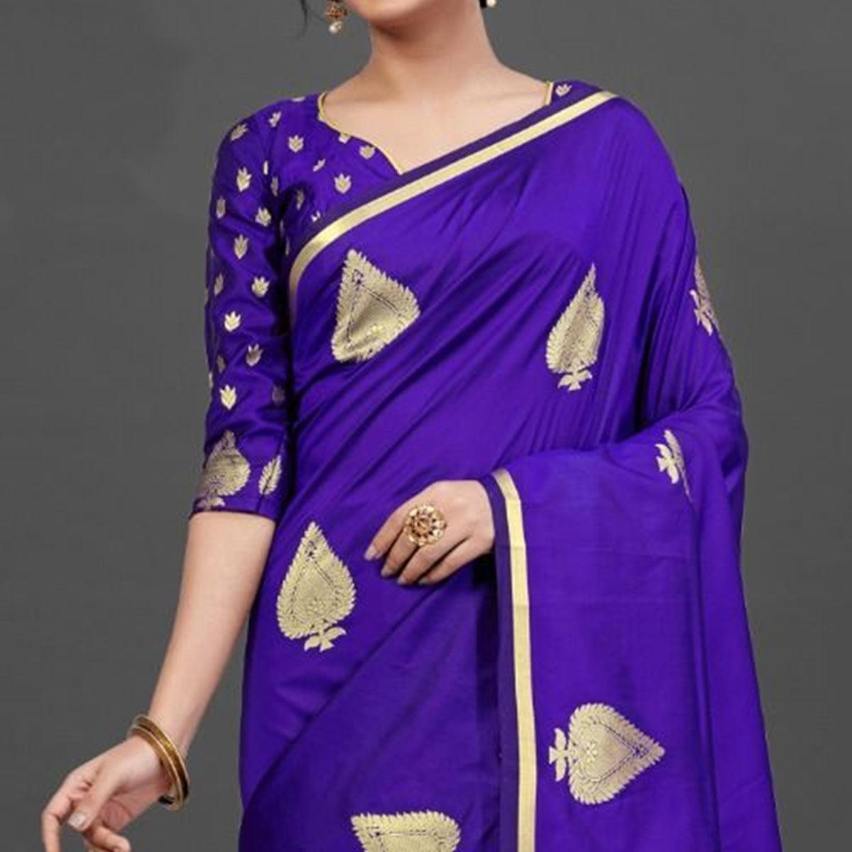 Blue Festive Silk Blend Woven Saree With Unstitched Blouse - Peachmode