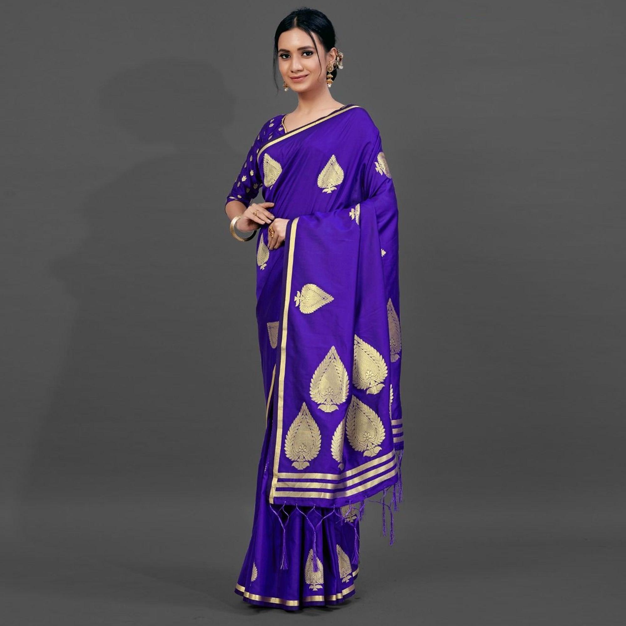 Blue Festive Silk Blend Woven Saree With Unstitched Blouse - Peachmode