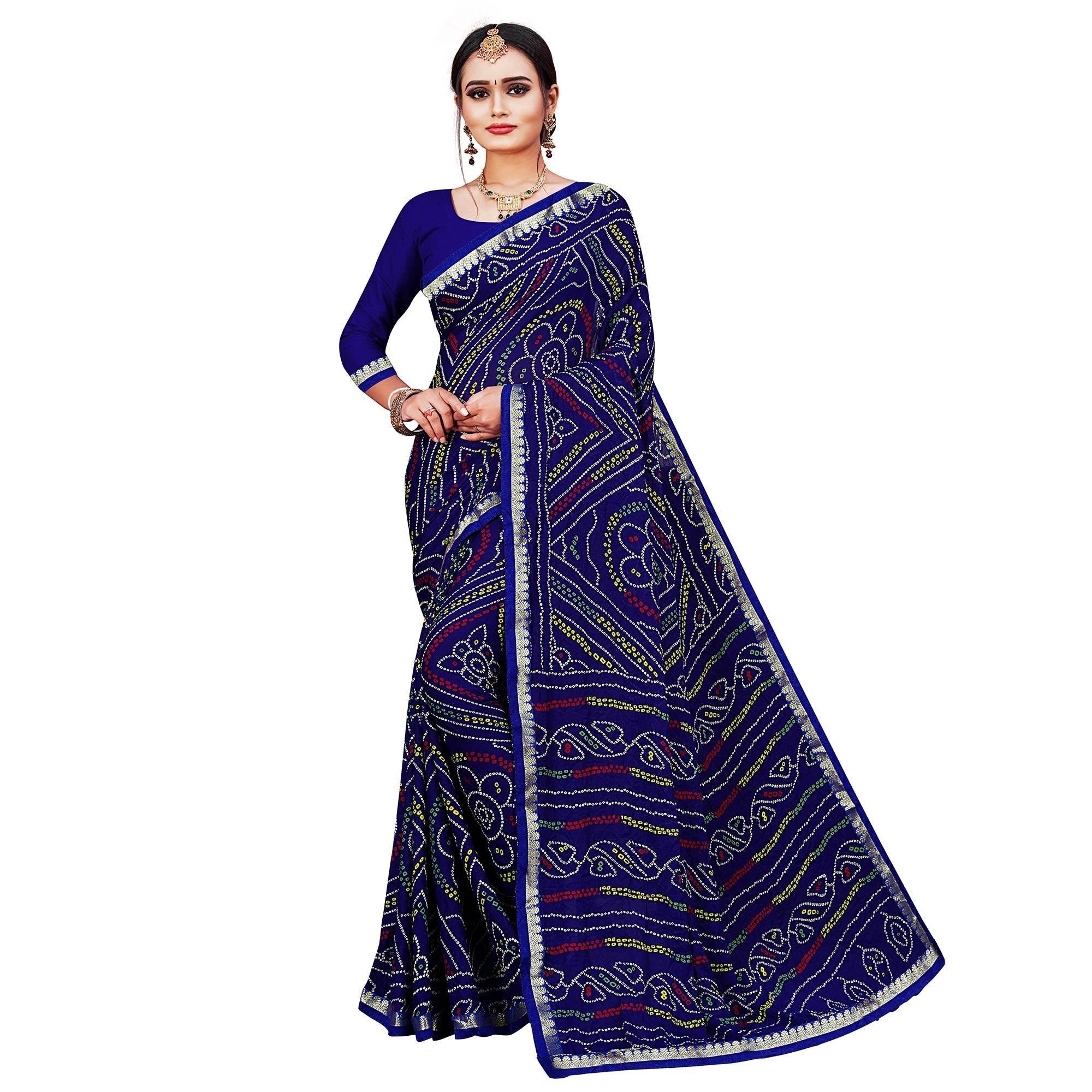 Blue Festive Wear Bandhani Printed Georgette Saree With Lace Border - Peachmode