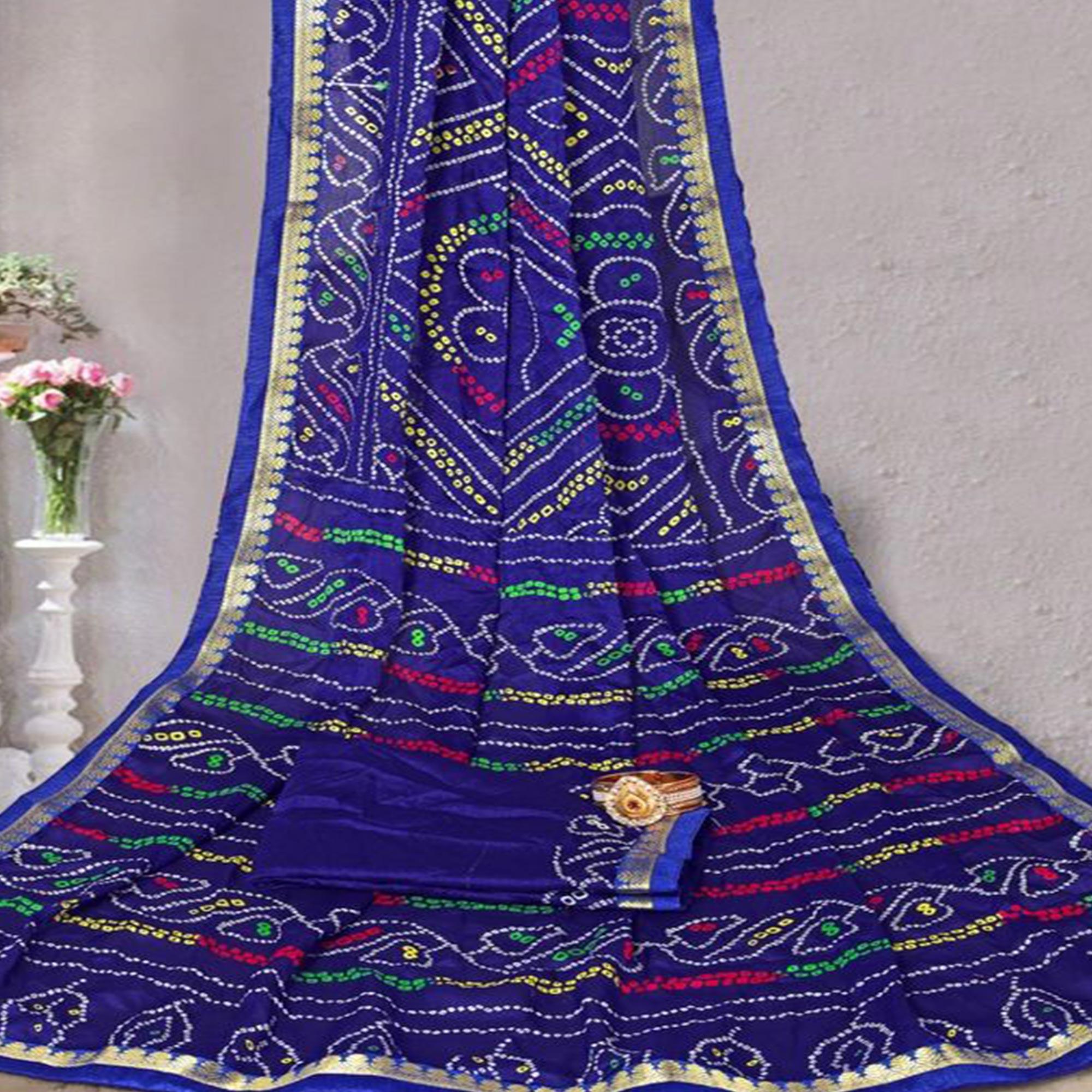 Blue Festive Wear Bandhani Printed Georgette Saree With Lace Border - Peachmode