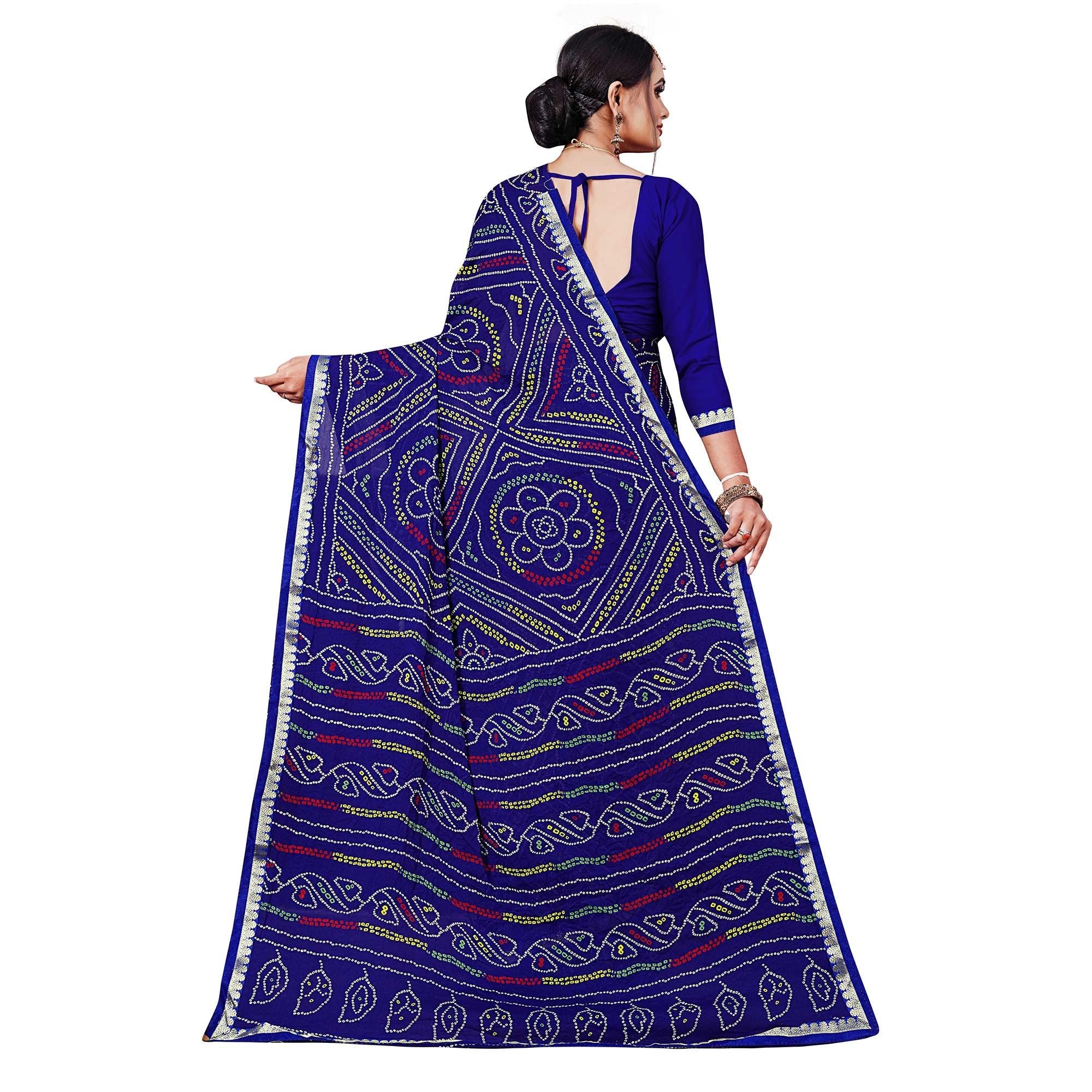 Blue Festive Wear Bandhani Printed Georgette Saree With Lace Border - Peachmode