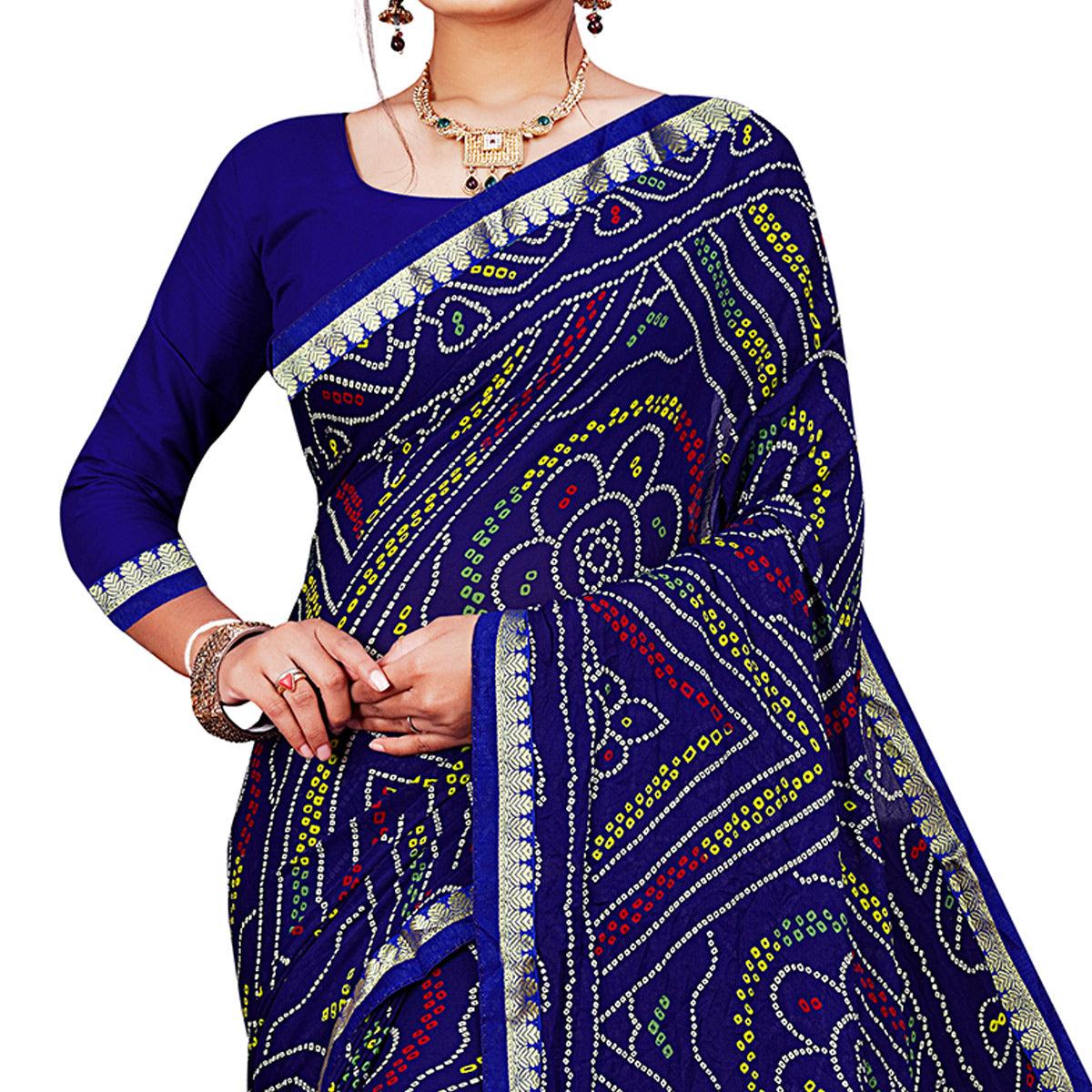 Blue Festive Wear Bandhani Printed Georgette Saree With Lace Border - Peachmode