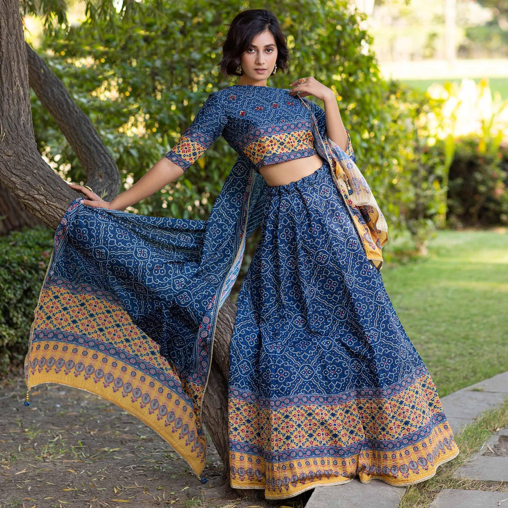 Blue Festive Wear Bandhani Printed With Sequence Muslin Lehenga Choli - Peachmode