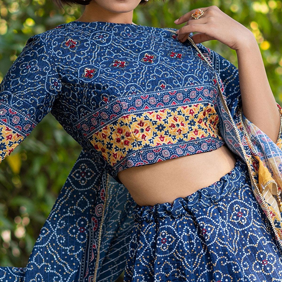 Blue Festive Wear Bandhani Printed With Sequence Muslin Lehenga Choli - Peachmode