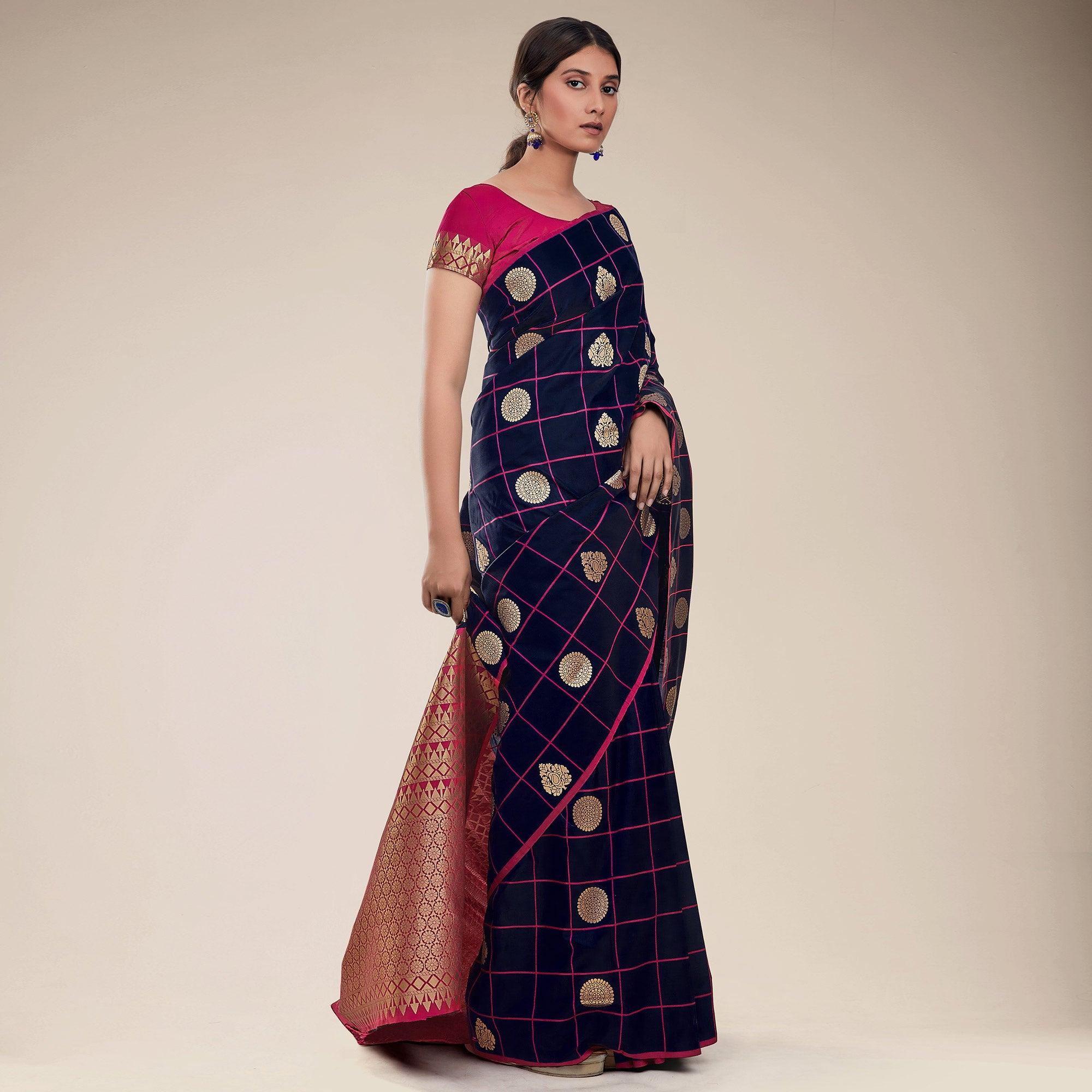 Blue Festive Wear Checks Designer Weaving Butta Silk Saree With Heavy Pallu - Peachmode