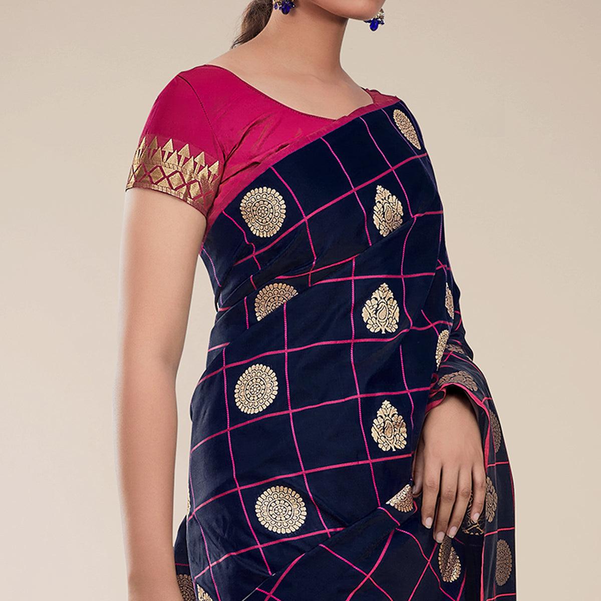 Blue Festive Wear Checks Designer Weaving Butta Silk Saree With Heavy Pallu - Peachmode
