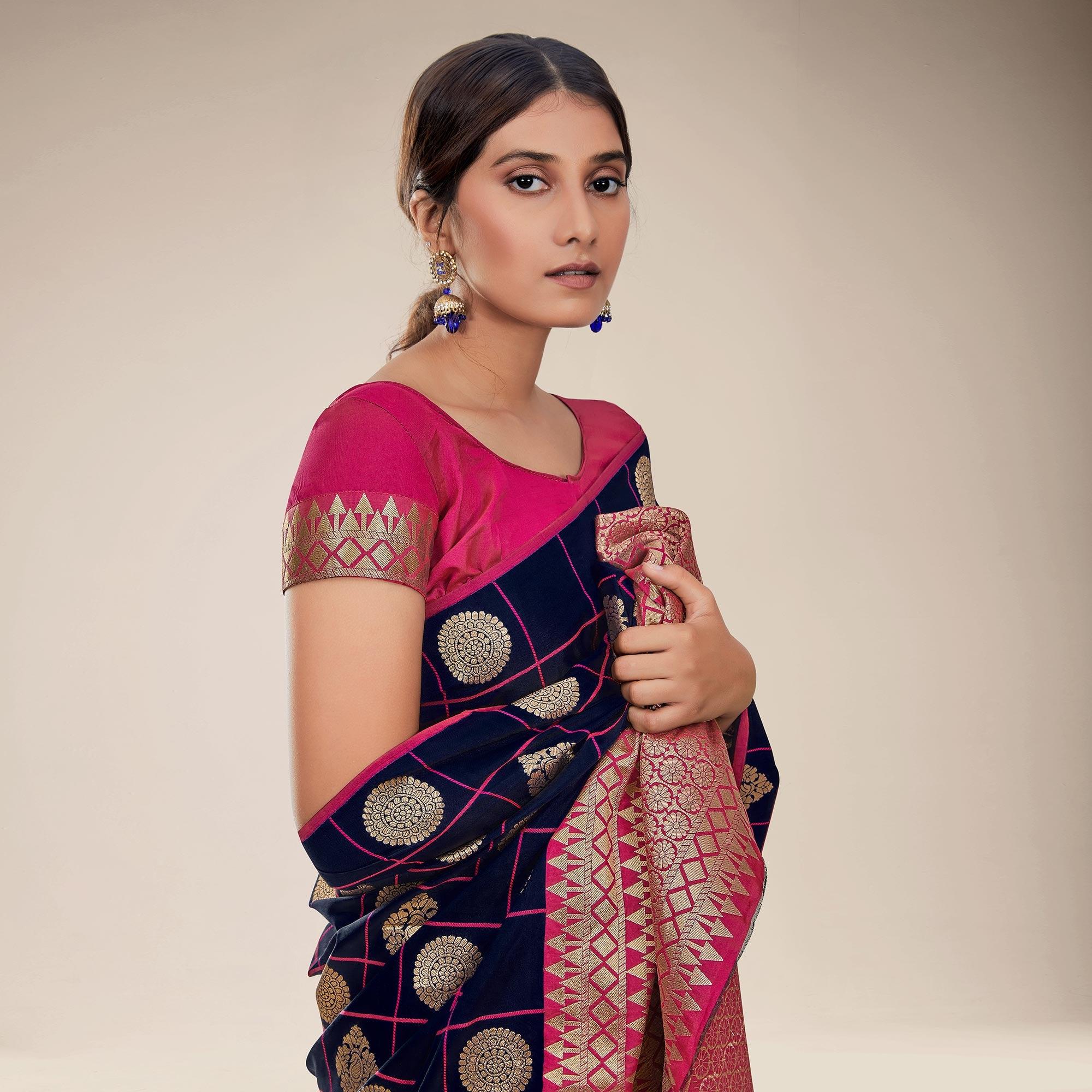 Blue Festive Wear Checks Designer Weaving Butta Silk Saree With Heavy Pallu - Peachmode