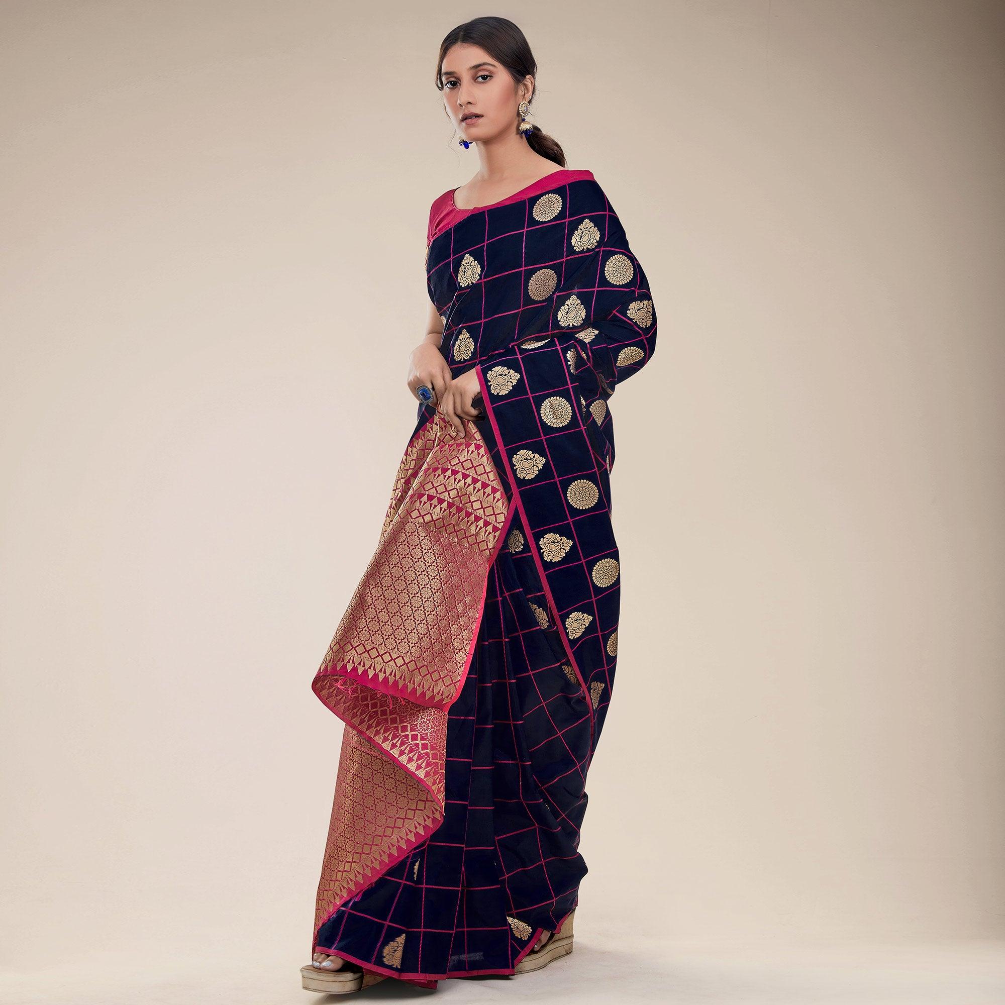 Blue Festive Wear Checks Designer Weaving Butta Silk Saree With Heavy Pallu - Peachmode