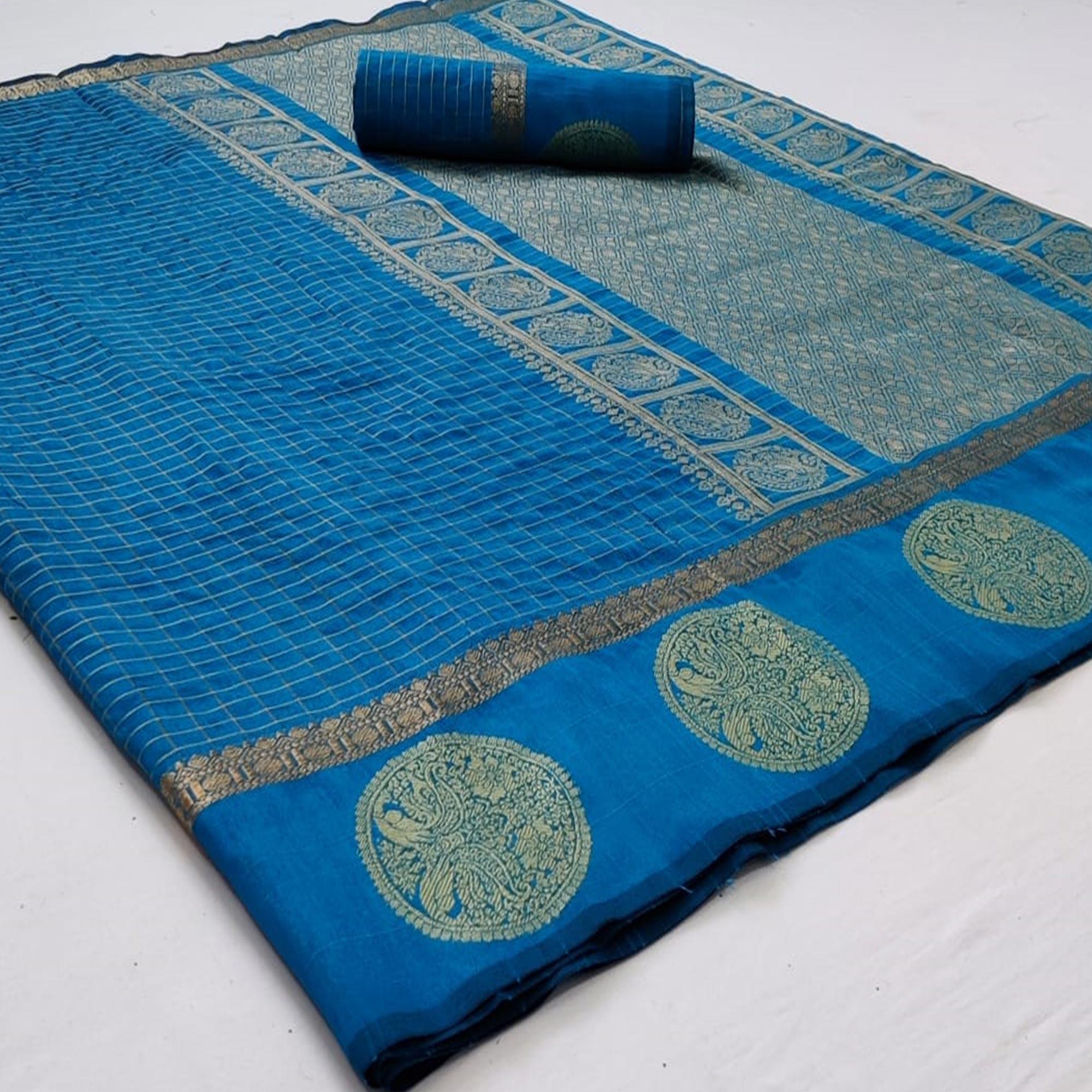 Blue Festive Wear Checks Pattern Woven Silk Saree - Peachmode