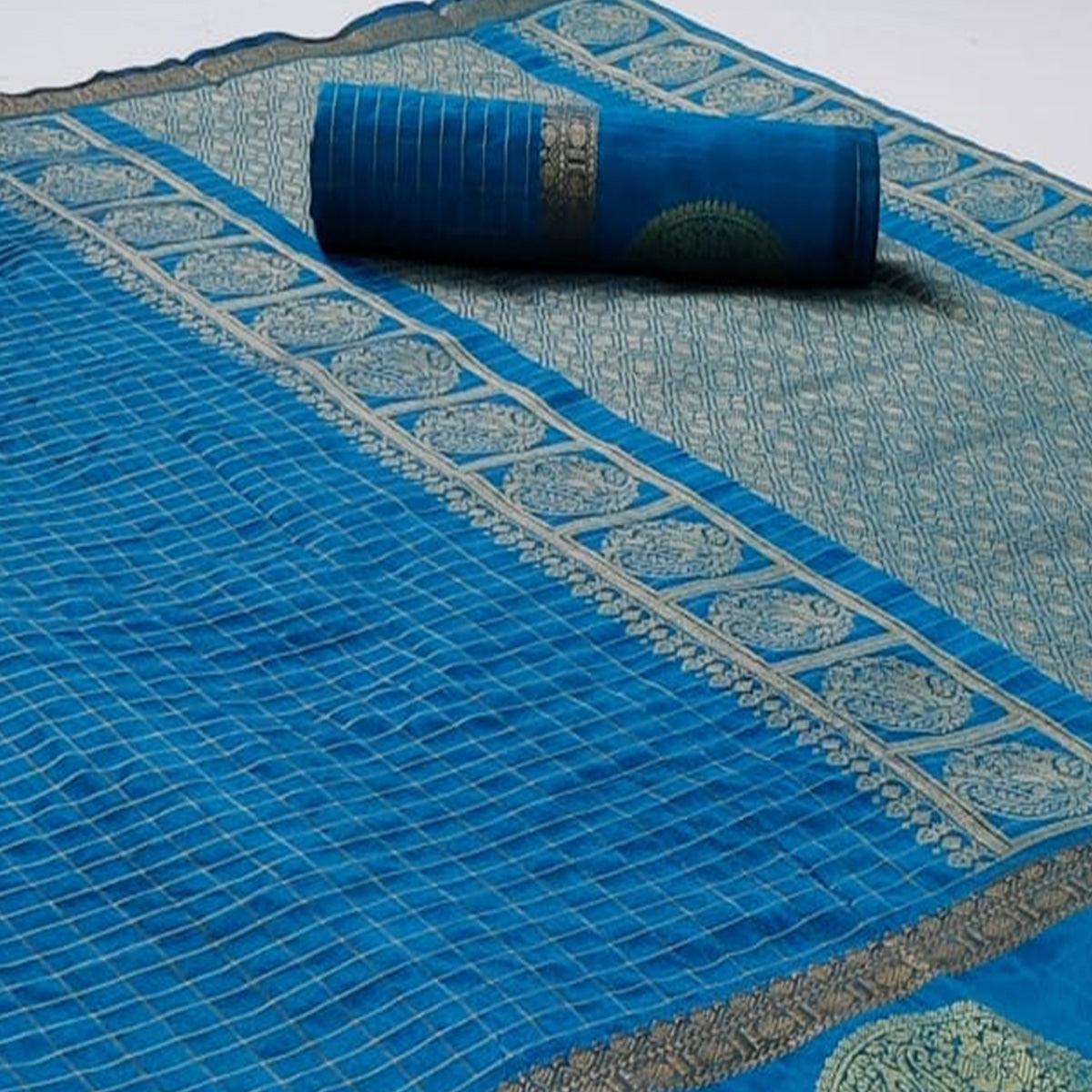 Blue Festive Wear Checks Pattern Woven Silk Saree - Peachmode