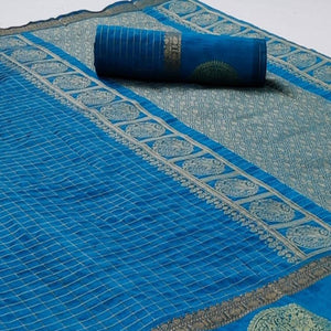 Blue Festive Wear Checks Pattern Woven Silk Saree - Peachmode