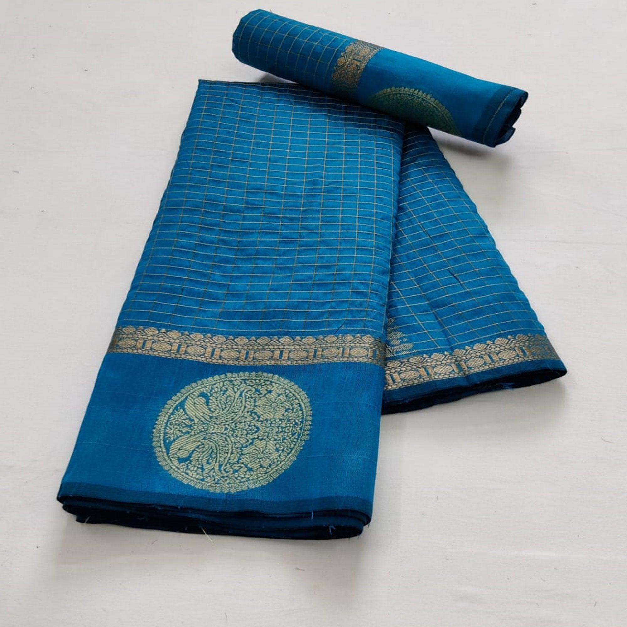 Blue Festive Wear Checks Pattern Woven Silk Saree - Peachmode