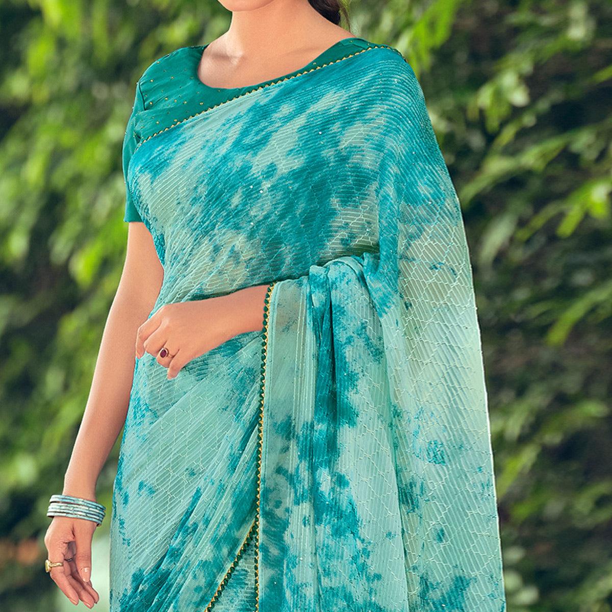 Blue Festive Wear Crochet Work Georgette Saree - Peachmode