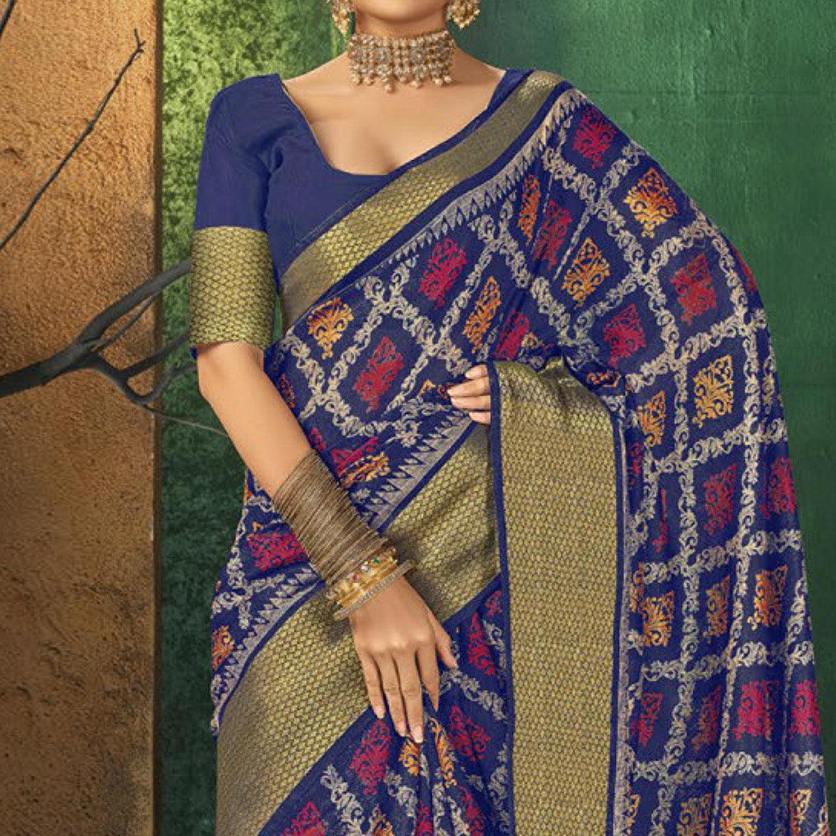 Blue Festive Wear Digital Printed Cotton Saree - Peachmode
