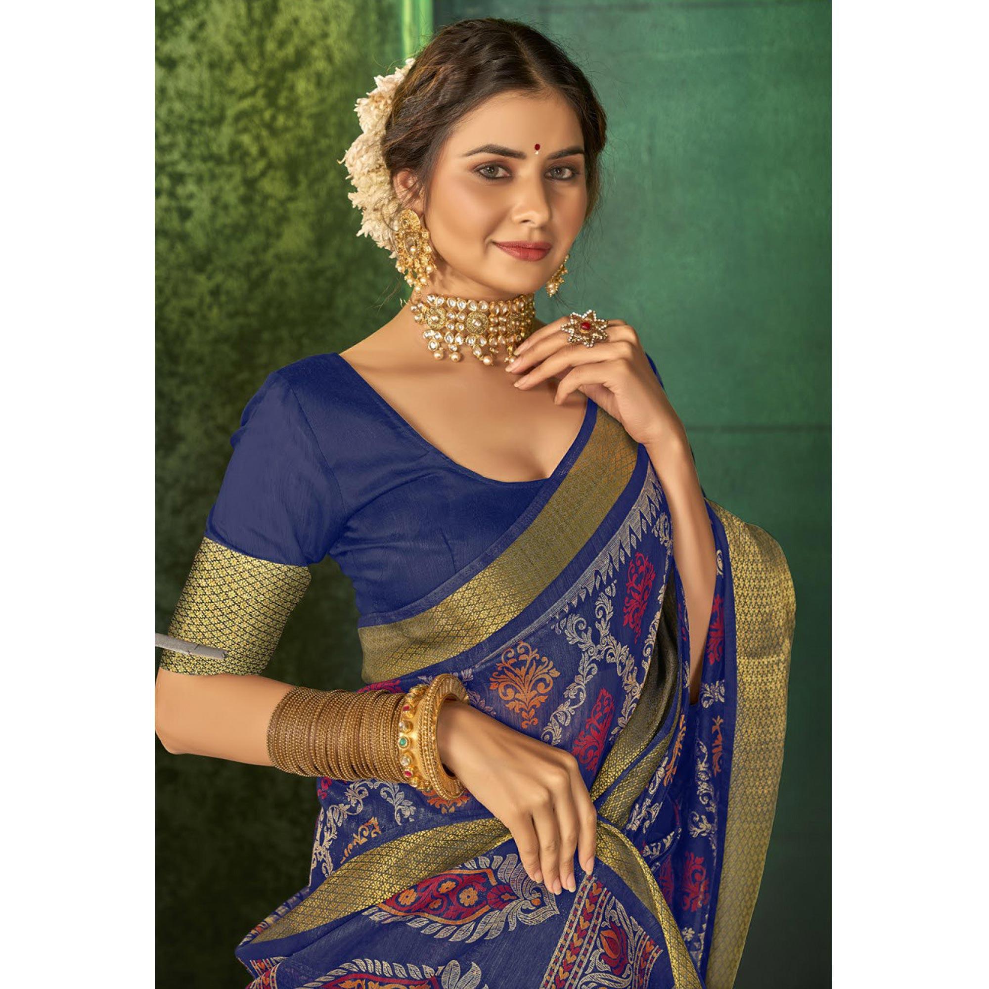 Blue Festive Wear Digital Printed Cotton Saree - Peachmode