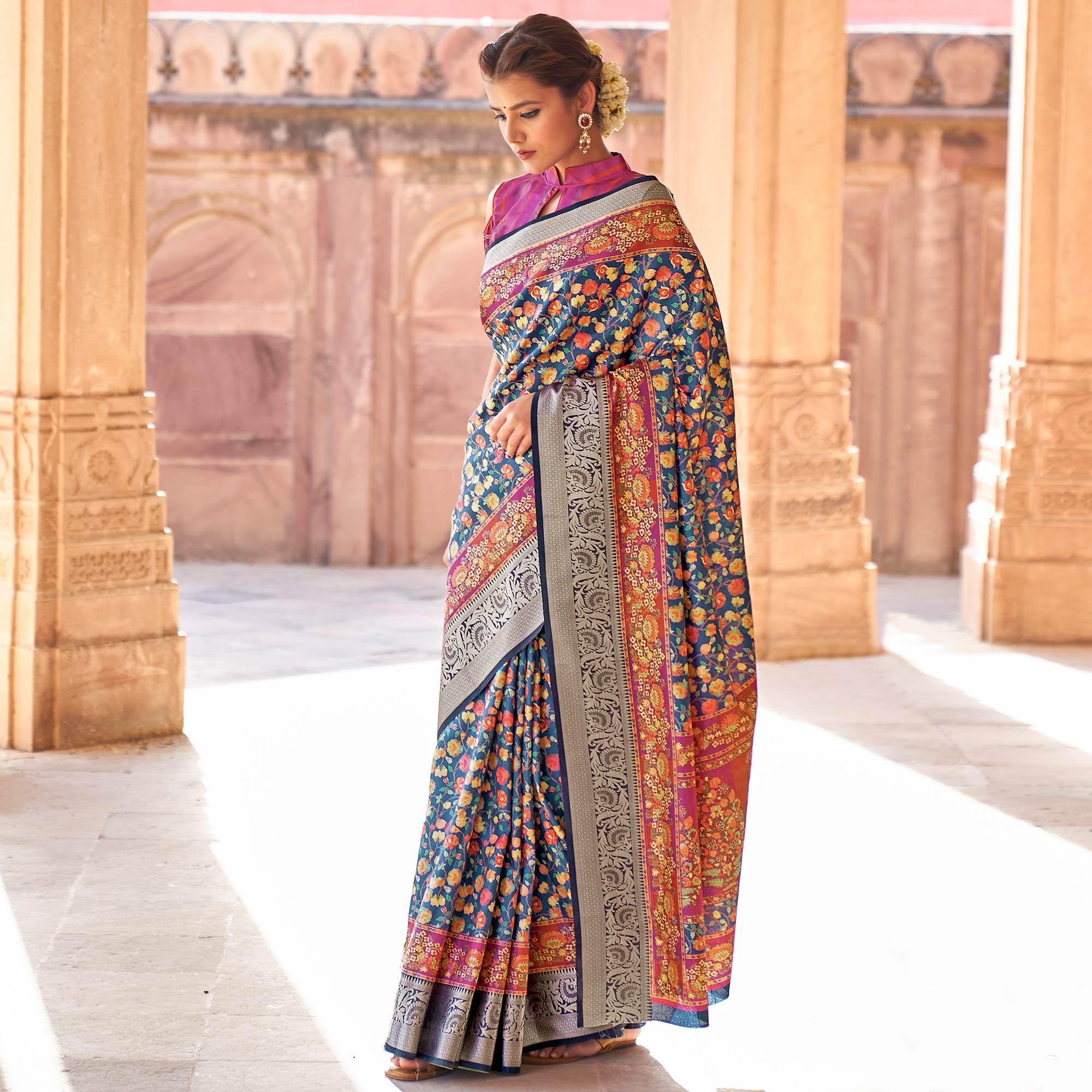 Blue Festive Wear Digital Printed Soft Silk Saree With Viscose Zari Border - Peachmode