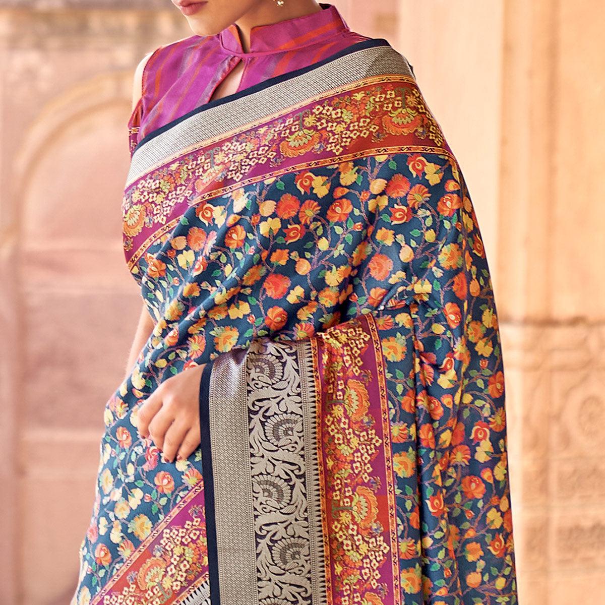 Blue Festive Wear Digital Printed Soft Silk Saree With Viscose Zari Border - Peachmode