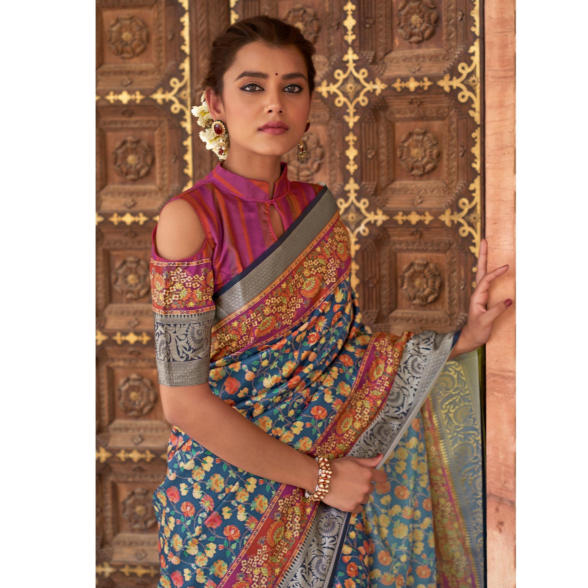 Blue Festive Wear Digital Printed Soft Silk Saree With Viscose Zari Border - Peachmode