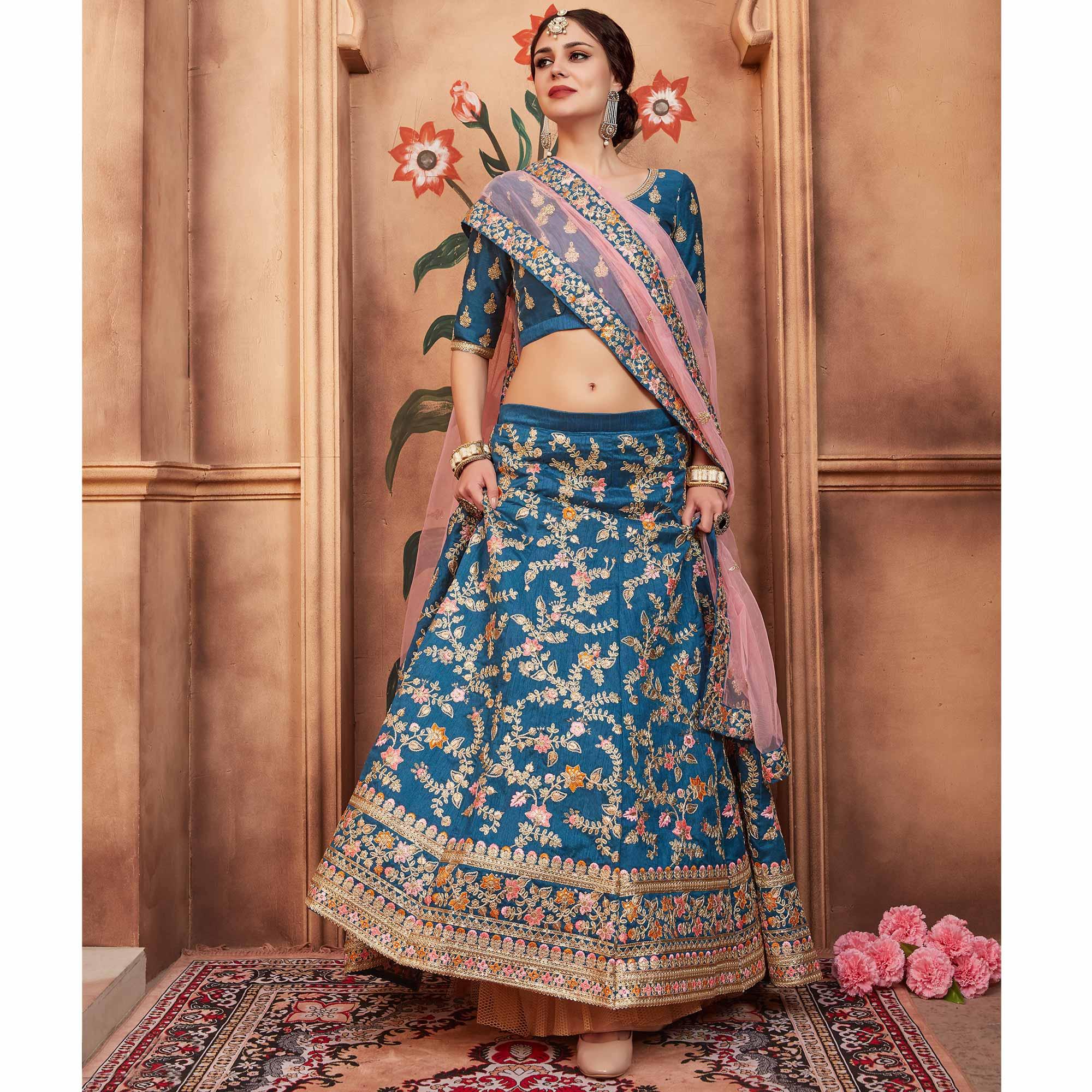 Blue Festive Wear Dori Thread Sequence Work Art Silk Lehenga Choli - Peachmode
