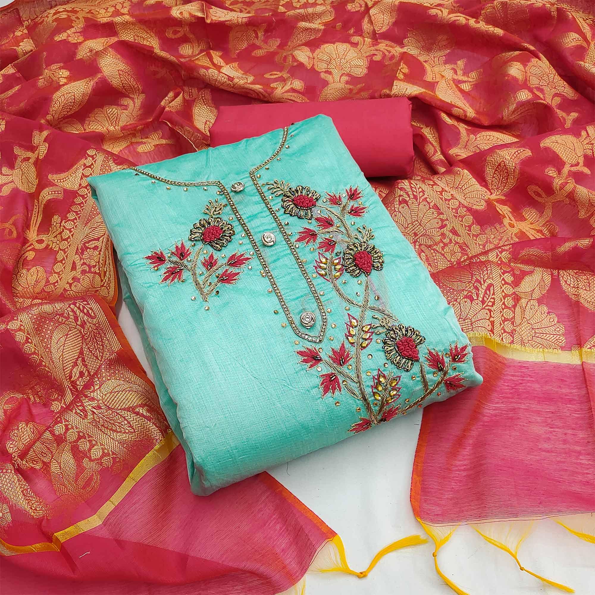 Blue Festive Wear Embellished Chanderi Dress Material - Peachmode
