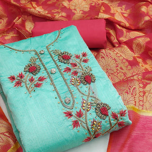 Blue Festive Wear Embellished Chanderi Dress Material - Peachmode