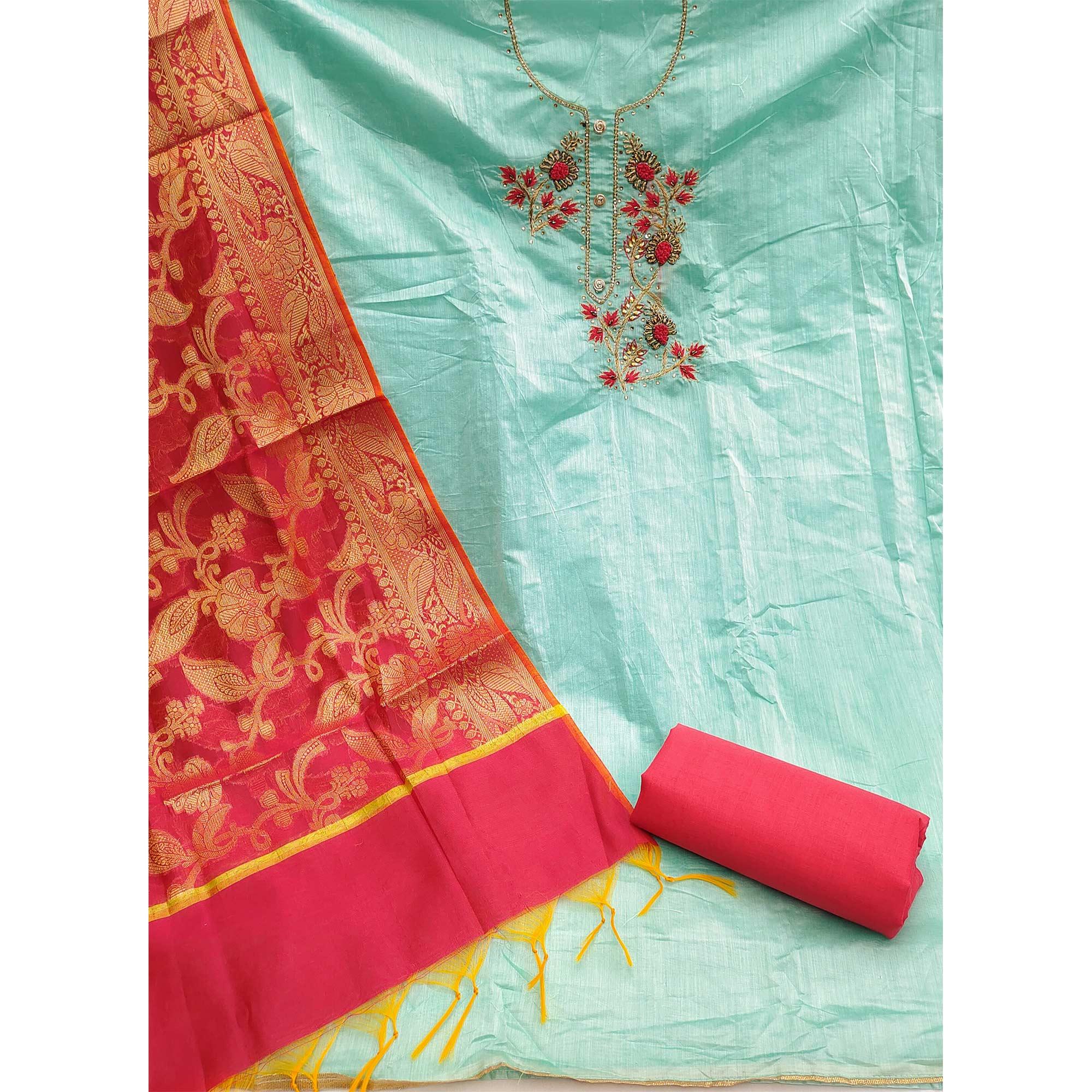 Blue Festive Wear Embellished Chanderi Dress Material - Peachmode