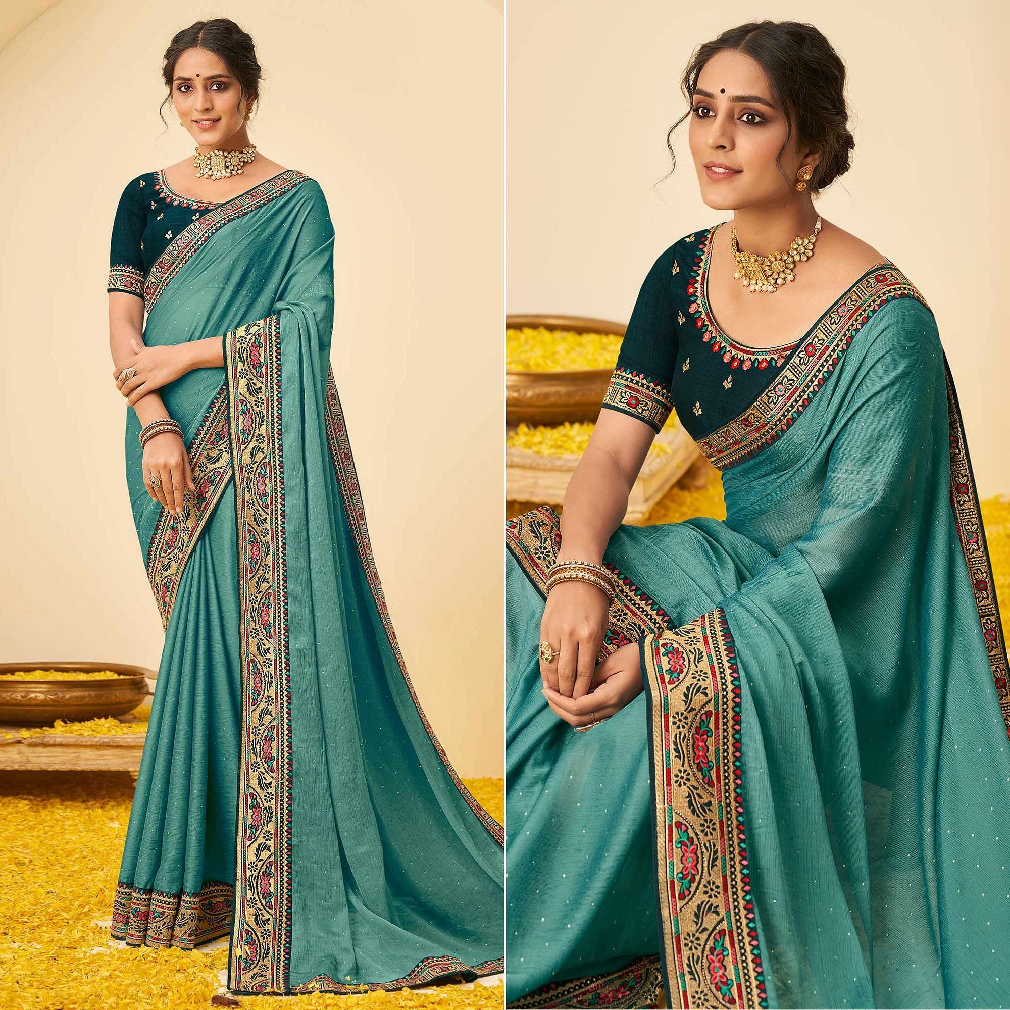 Blue Festive Wear Embellished Chiffon Saree With Heavy Lace - Peachmode