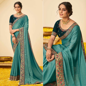 Blue Festive Wear Embellished Chiffon Saree With Heavy Lace - Peachmode