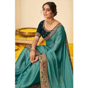 Blue Festive Wear Embellished Chiffon Saree With Heavy Lace - Peachmode