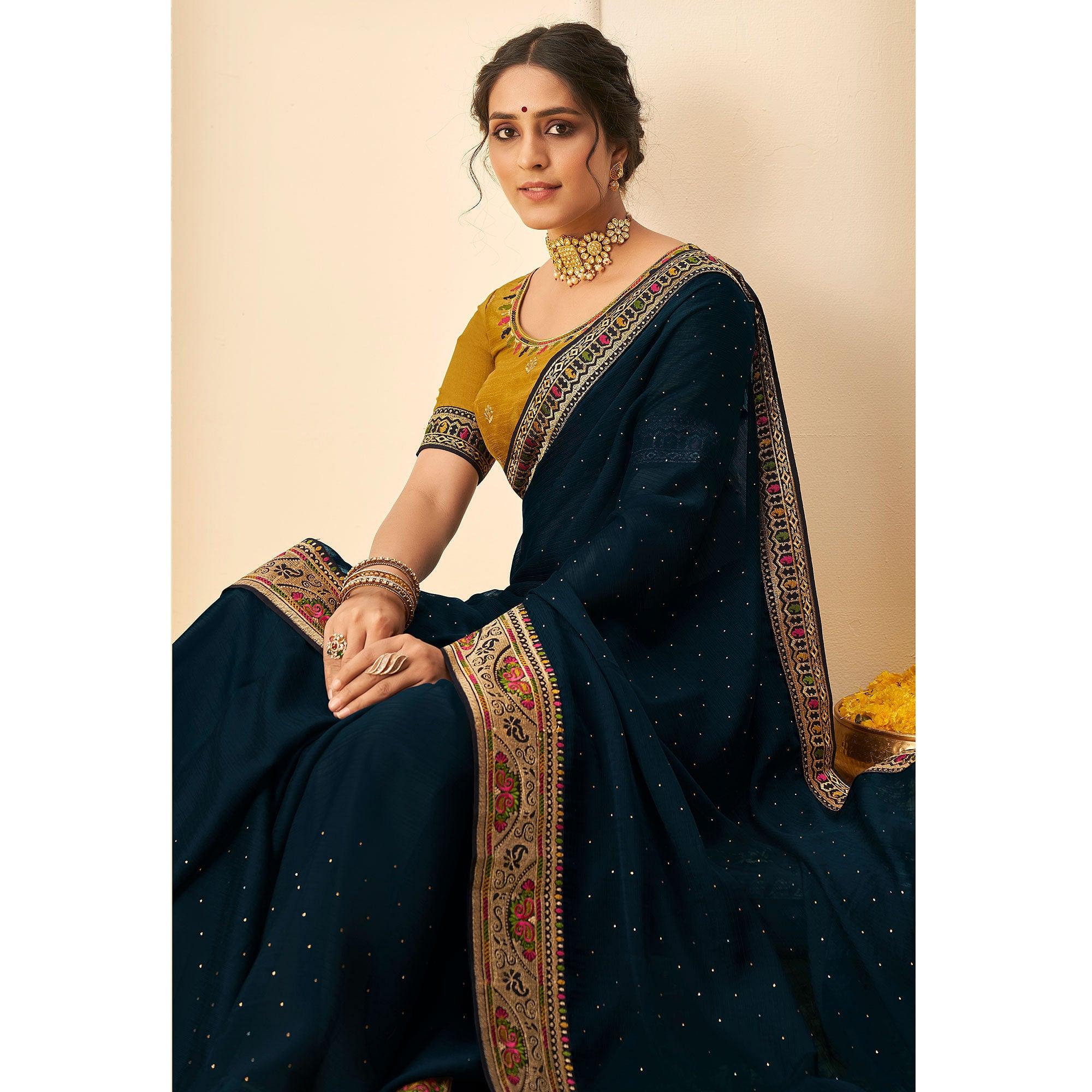 Blue Festive Wear Embellished Chiffon Saree With Heavy Lace - Peachmode