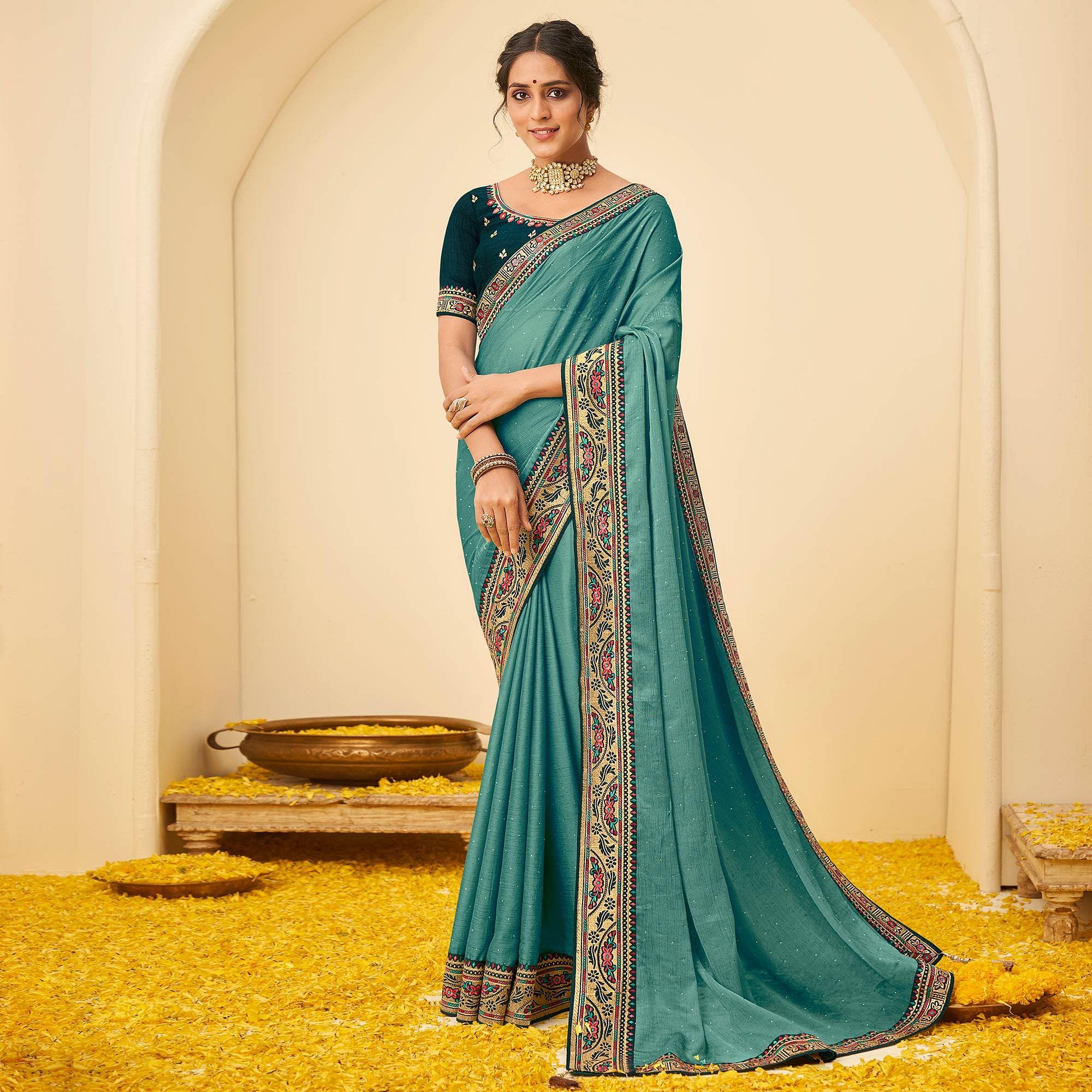 Blue Festive Wear Embellished Chiffon Saree With Heavy Lace - Peachmode