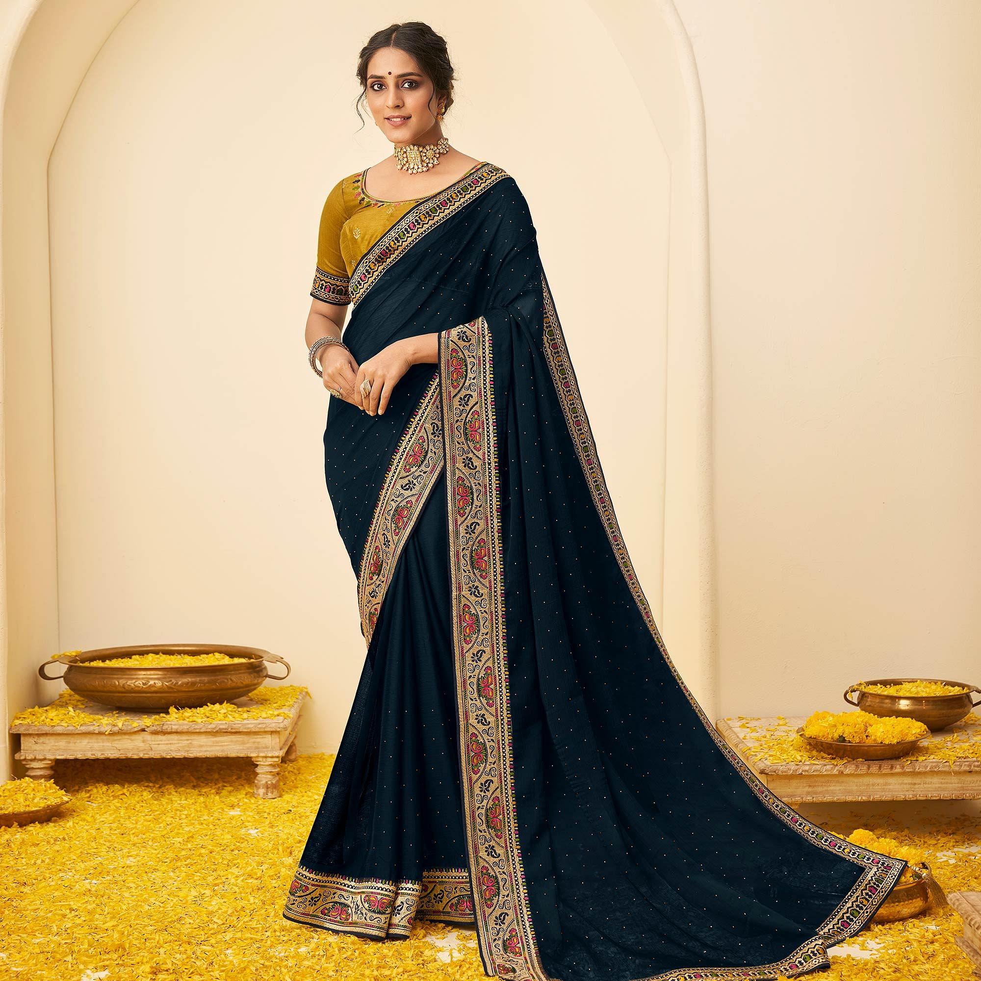 Blue Festive Wear Embellished Chiffon Saree With Heavy Lace - Peachmode